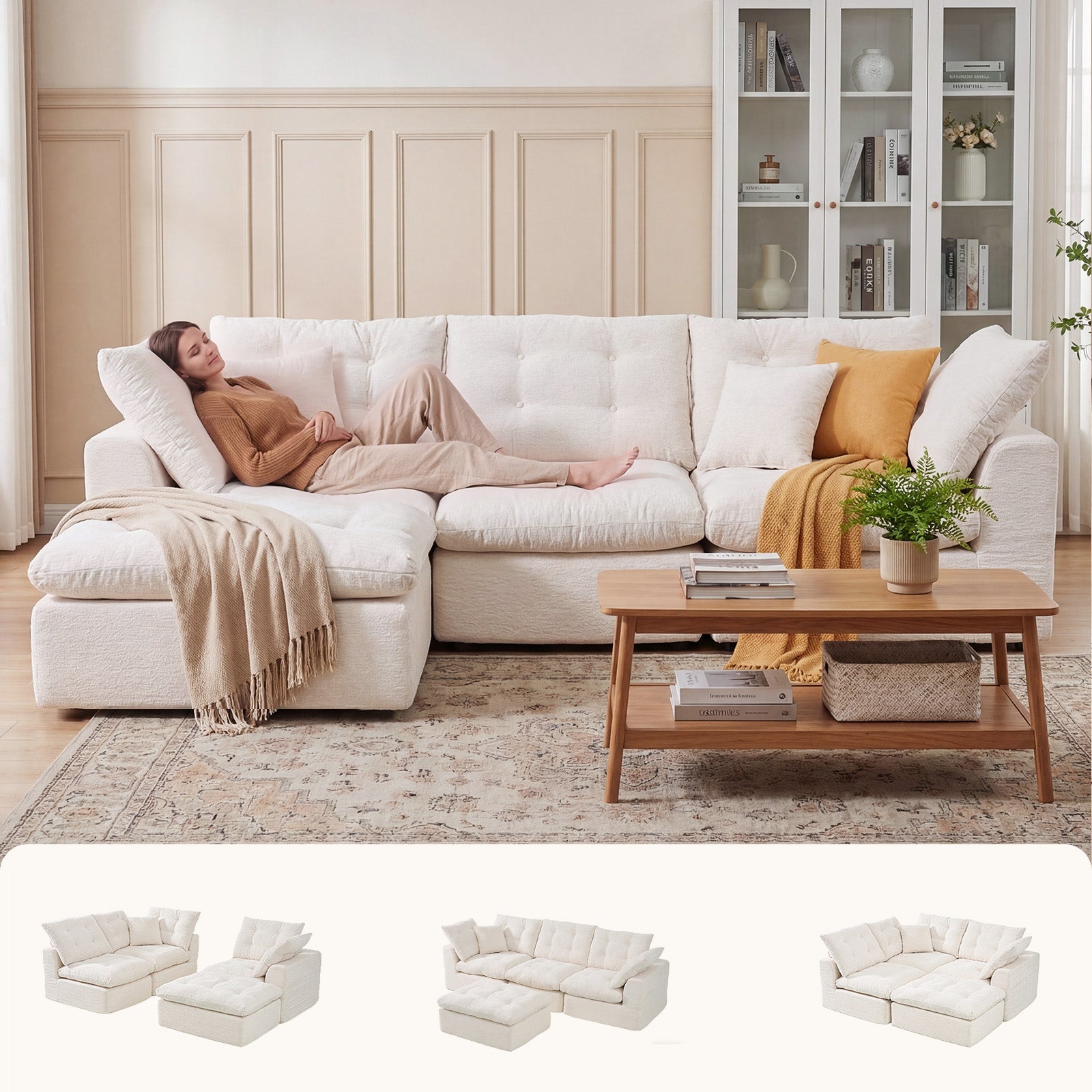 Nordivale 112" Boneless Couch Chenille Cloud Couch Oversized Modular Sectional Sofa with Storage Pockets for Living Room, Bedroom, No Assembly Required, L-shape with Ottoman+3 Seater (Beige)