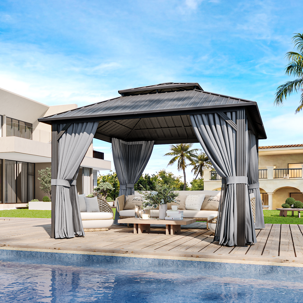 BinpLax 12x12FT Outdoor Gazebo - Hardtop Pergolas for Patios with Curtains and Netting Included, Permanent Gazebo Pavilion with Double Galvanized Steel Roof for Party, Outdoor Dining, Wedding, Gray