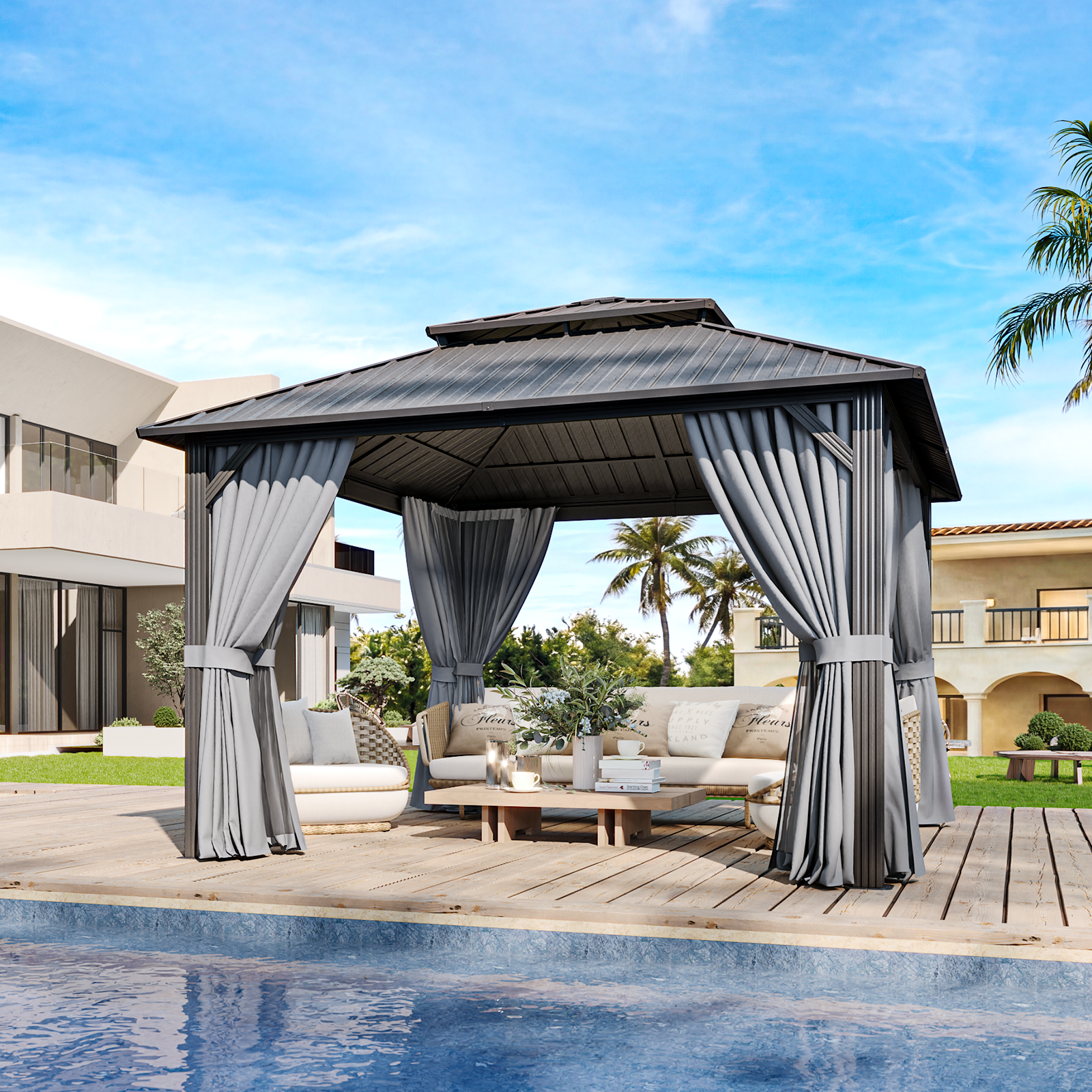 BinpLax 12x12FT Outdoor Gazebo - Hardtop Pergolas for Patios with Curtains and Netting Included, Permanent Gazebo Pavilion with Double Galvanized Steel Roof for Party, Outdoor Dining, Wedding, Gray