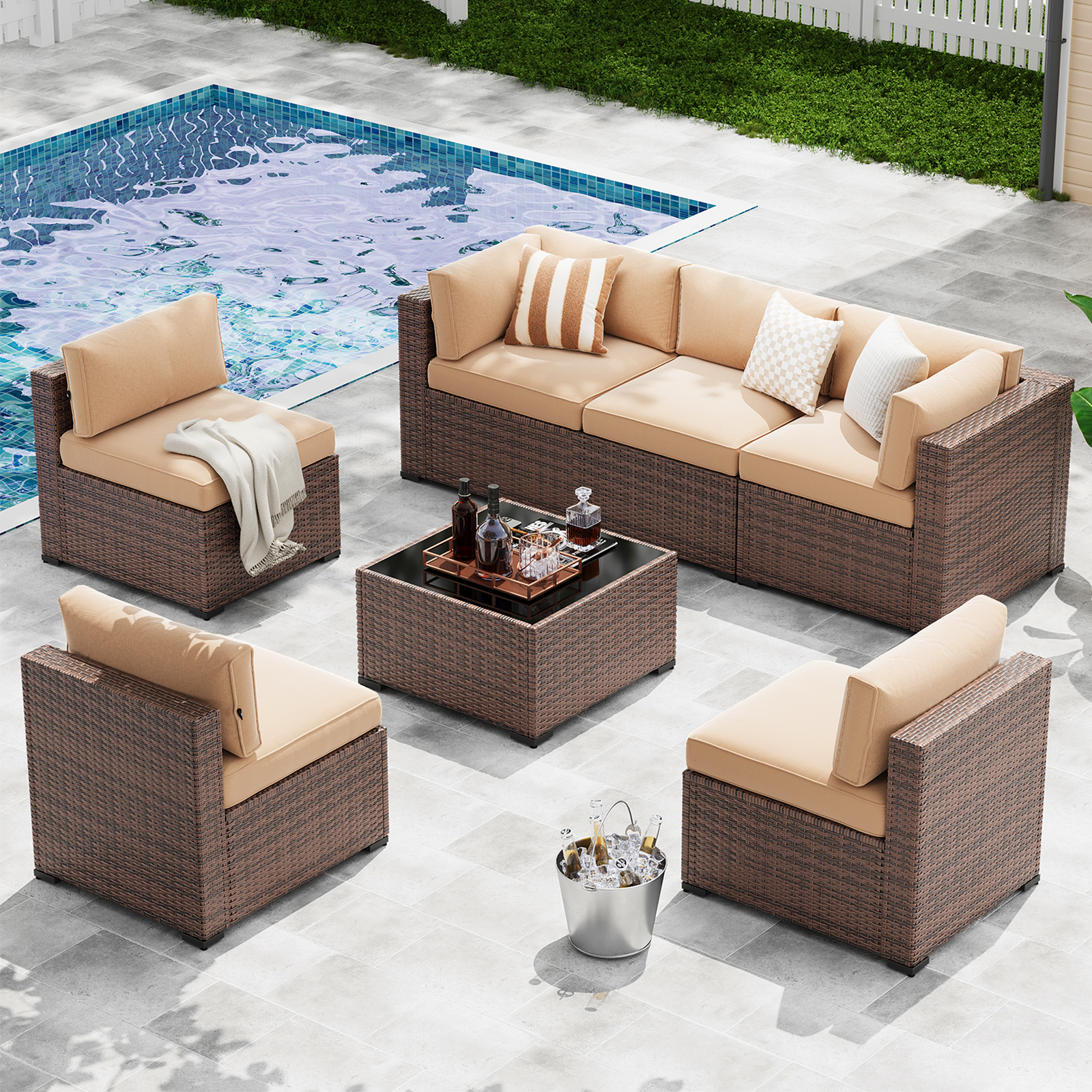 LazySunsets 7-Piece Patio Furniture Set, Wicker Rattan Outdoor Furniture with Thick Cushions, Patio Conversation Sets with Coffee Table, Outdoor Sectional Couch Sofa
