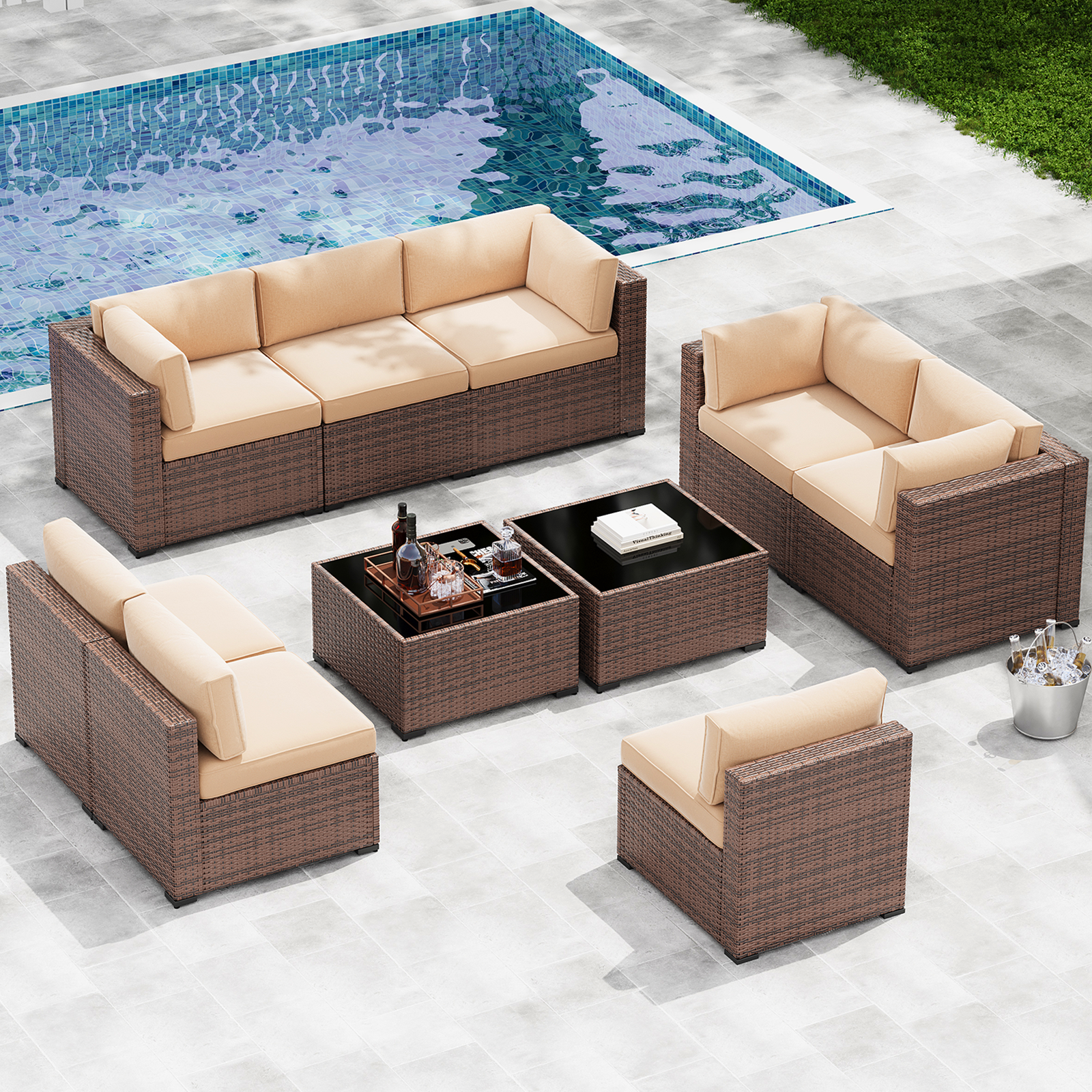LazySunsets 7-Piece Patio Furniture Set, Wicker Rattan Outdoor Furniture with Thick Cushions, Patio Conversation Sets with Coffee Table, Outdoor Sectional Couch Sofa