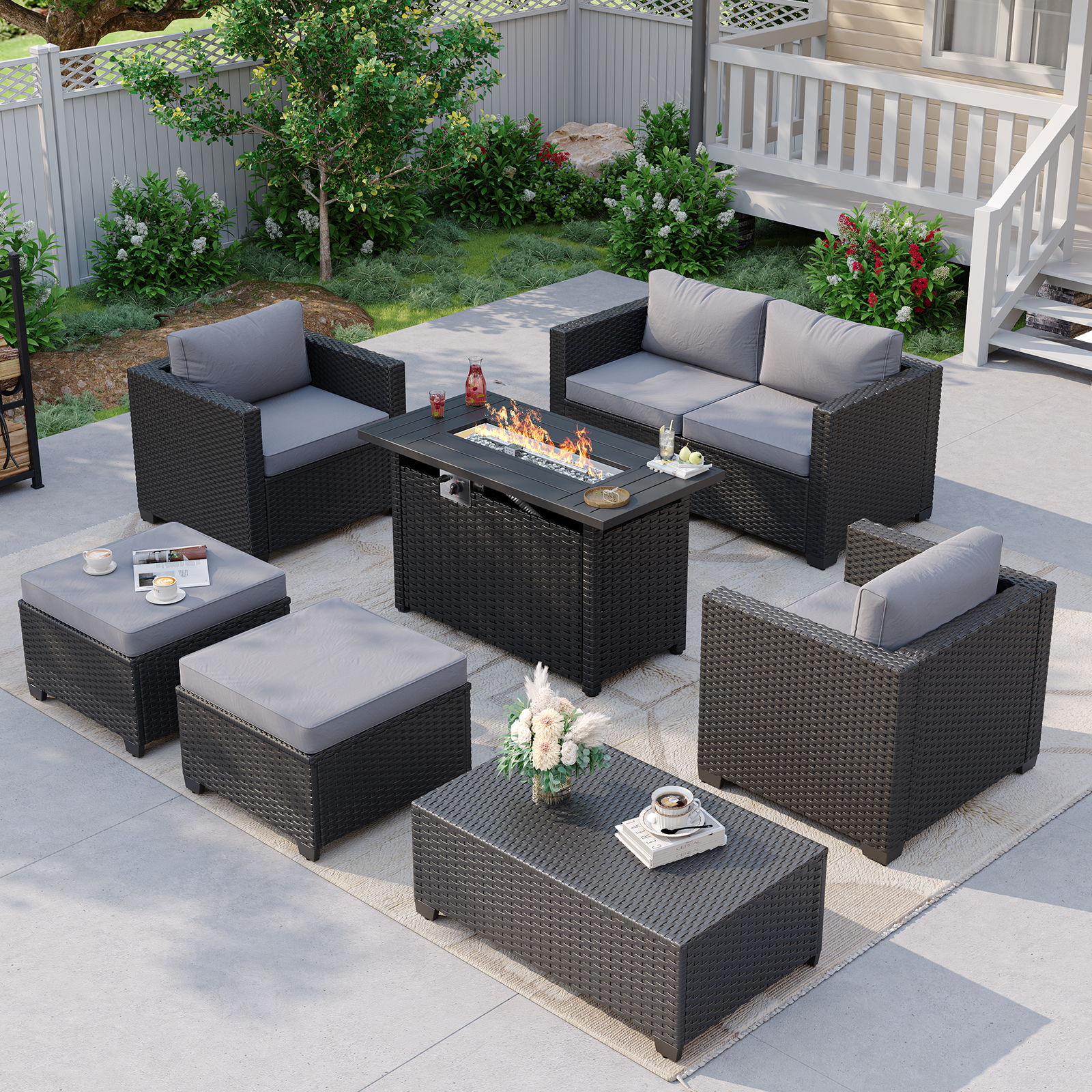 Aoxun Patio Furniture Set with Fire Pit Table, 6 Seats Outdoor Furniture Set with Wicker Ottomans, Rattan Outdoor Sectional Sofa with Thickened Cushion & Waterproof Cover Navy Blue