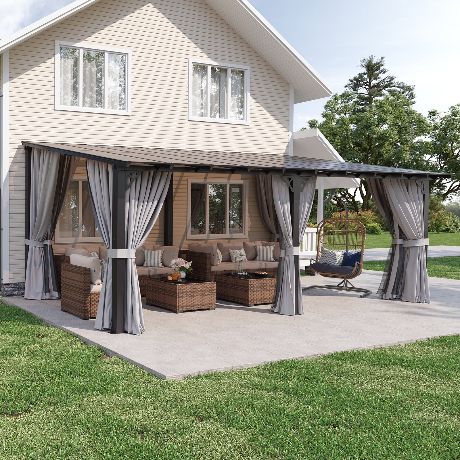 Aoxun 10'x20' Lean to Gazebo with Mosquito Net and Curtains, Aluminum Frame, Polycarbonate Panel, Wall Mounted Pergola with Sloped Roof for Backyard, Porch, Deck, Gray