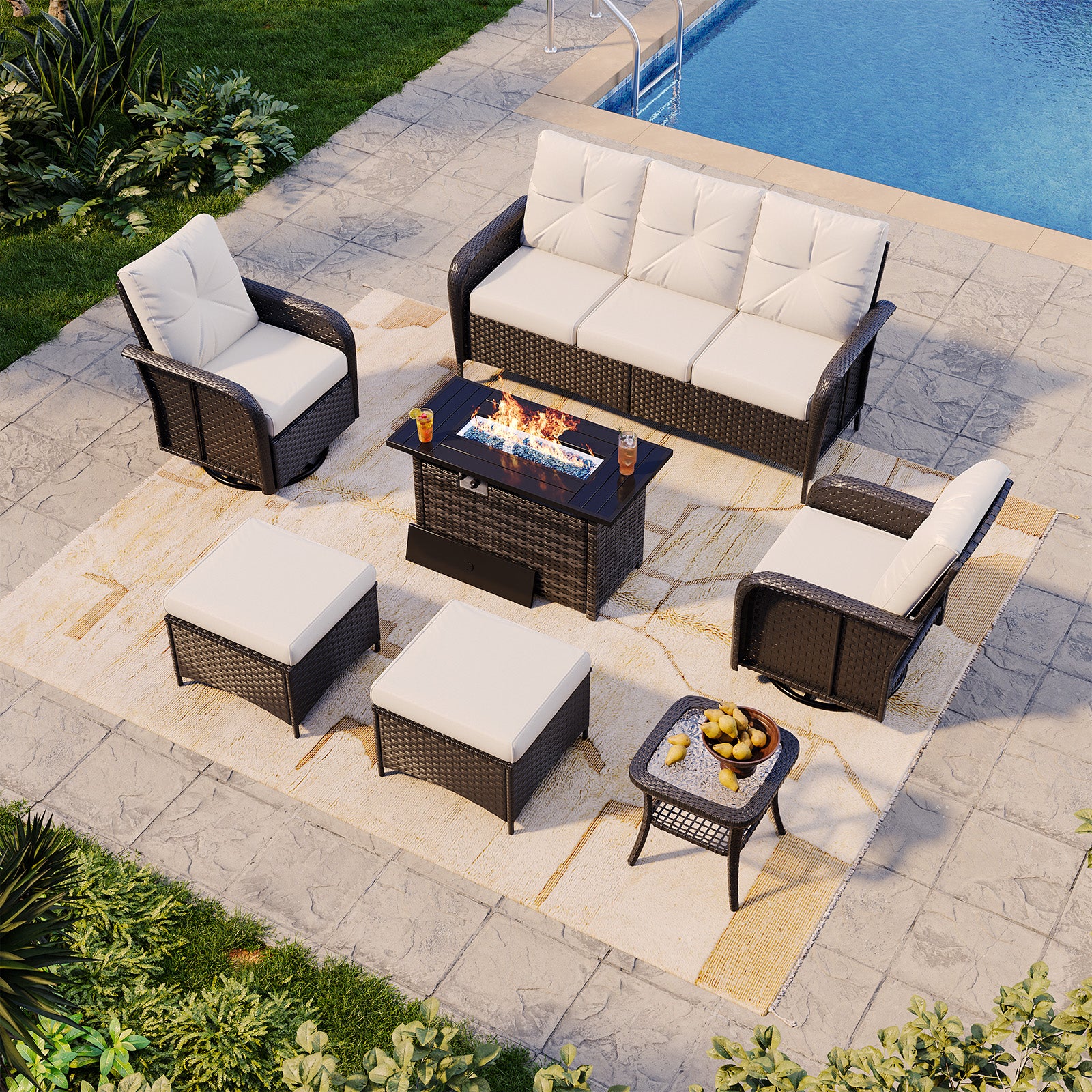 Aoxun Patio Furniture Set, Wicker Rattan Outdoor Sectional Sofa with High Back Swivel Rocker Chairs, Outdoor Patio Furniture Set