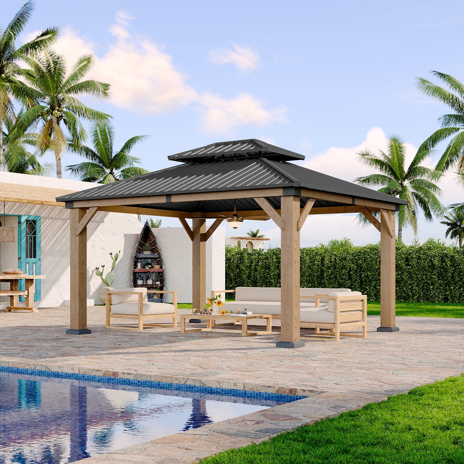 LET’S PATIO  Outdoor Double Roof Wood Gazebo, Hardtop Gazebo Permanent Wooden Pavilion with Galvanized Steel Double Top, for Patio, Garden, Deck