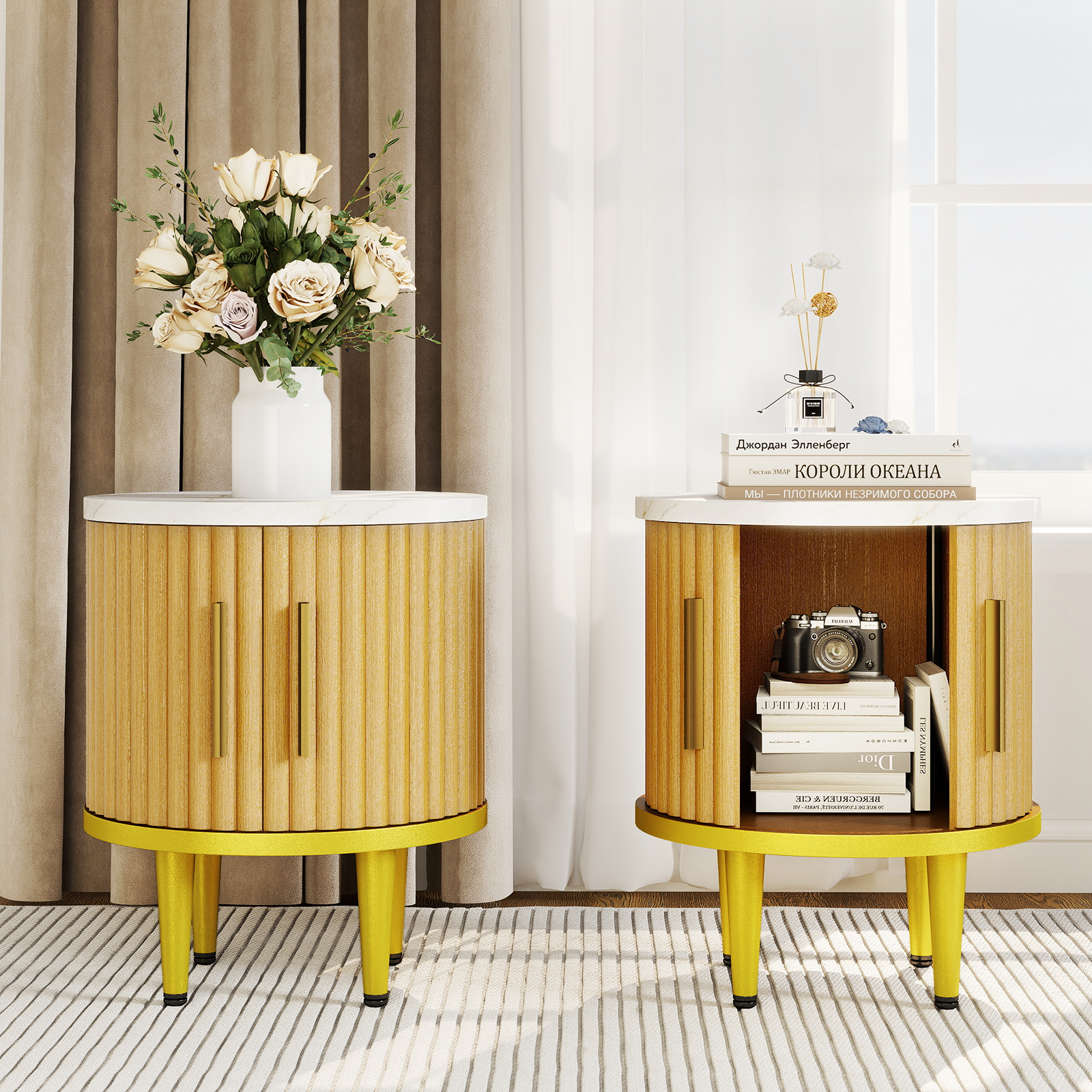 Fluted Nightstand Set of 2, Modern Side Table with Faux Marble Top and Metal Handle