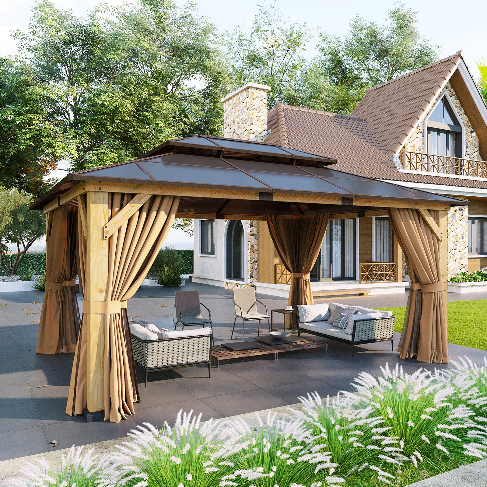 Aoxun 10' x 12' Outdoor Wood Gazebo with Double Polycarbonate Top, Hardtop Gazebo Permanent Wooden Pavilion with Breathable Netting and Privacy Curtain for Patio, Garden, Deck, Cedar Wood, Natural