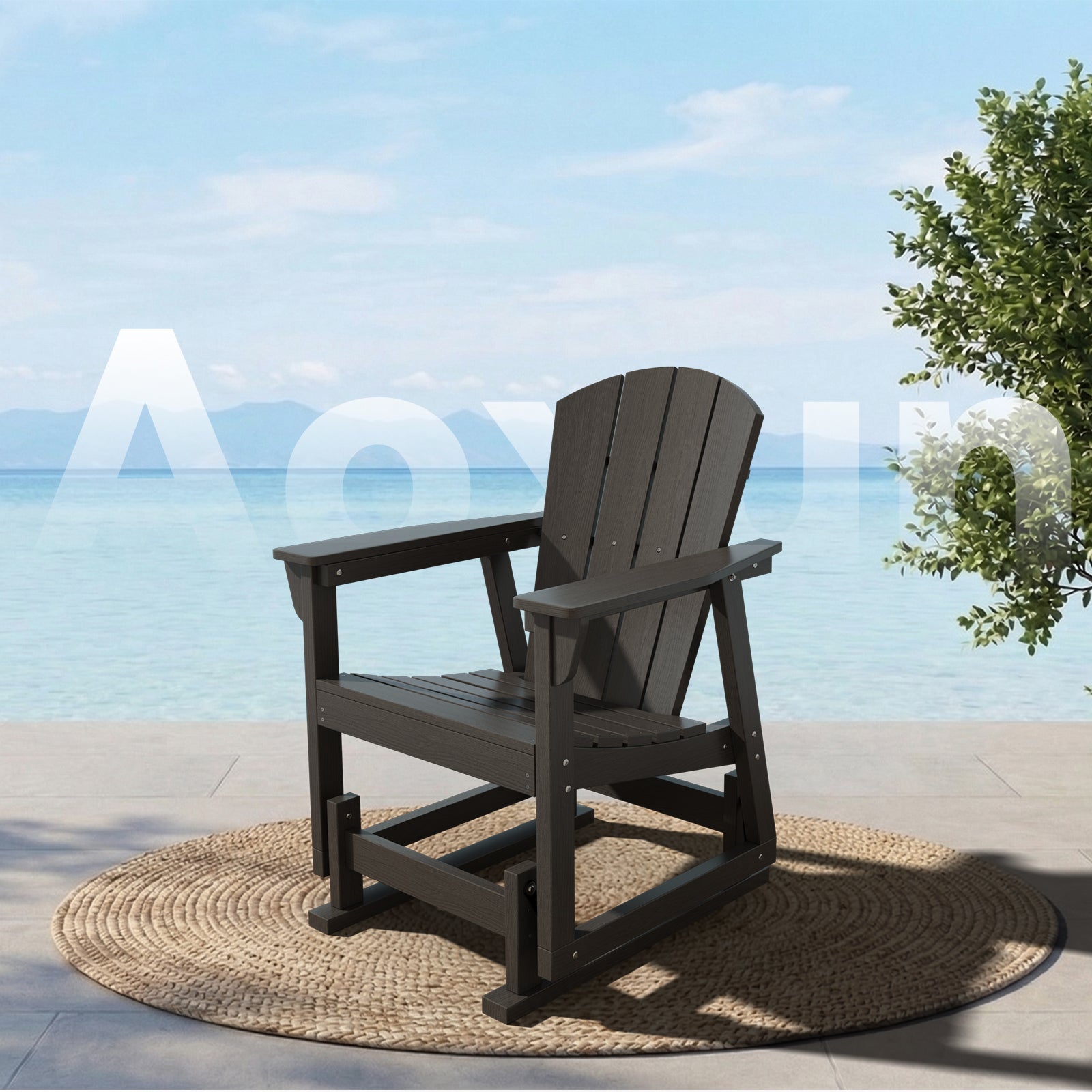 Aoxun Adirondack Outdoor Rocking Chair, HDPE Wood-Like Patio Rocking Chairs with Wide Seat, Porch Glider Chair for Outside, Garden, Lawn