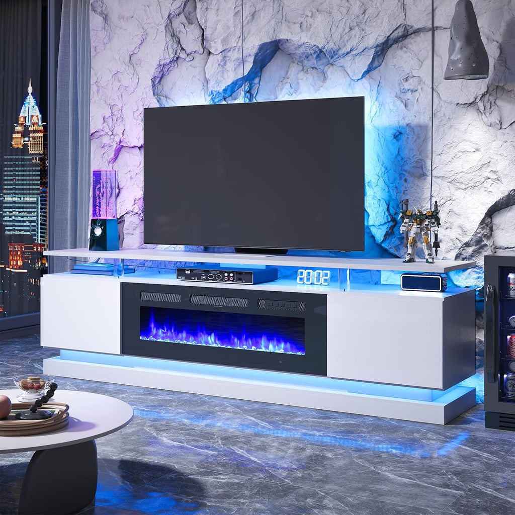 Breezestival 70" Fireplace TV Stand for TVs up to 80", Modern Entertainment Center with Black Fireplace and Storage, White