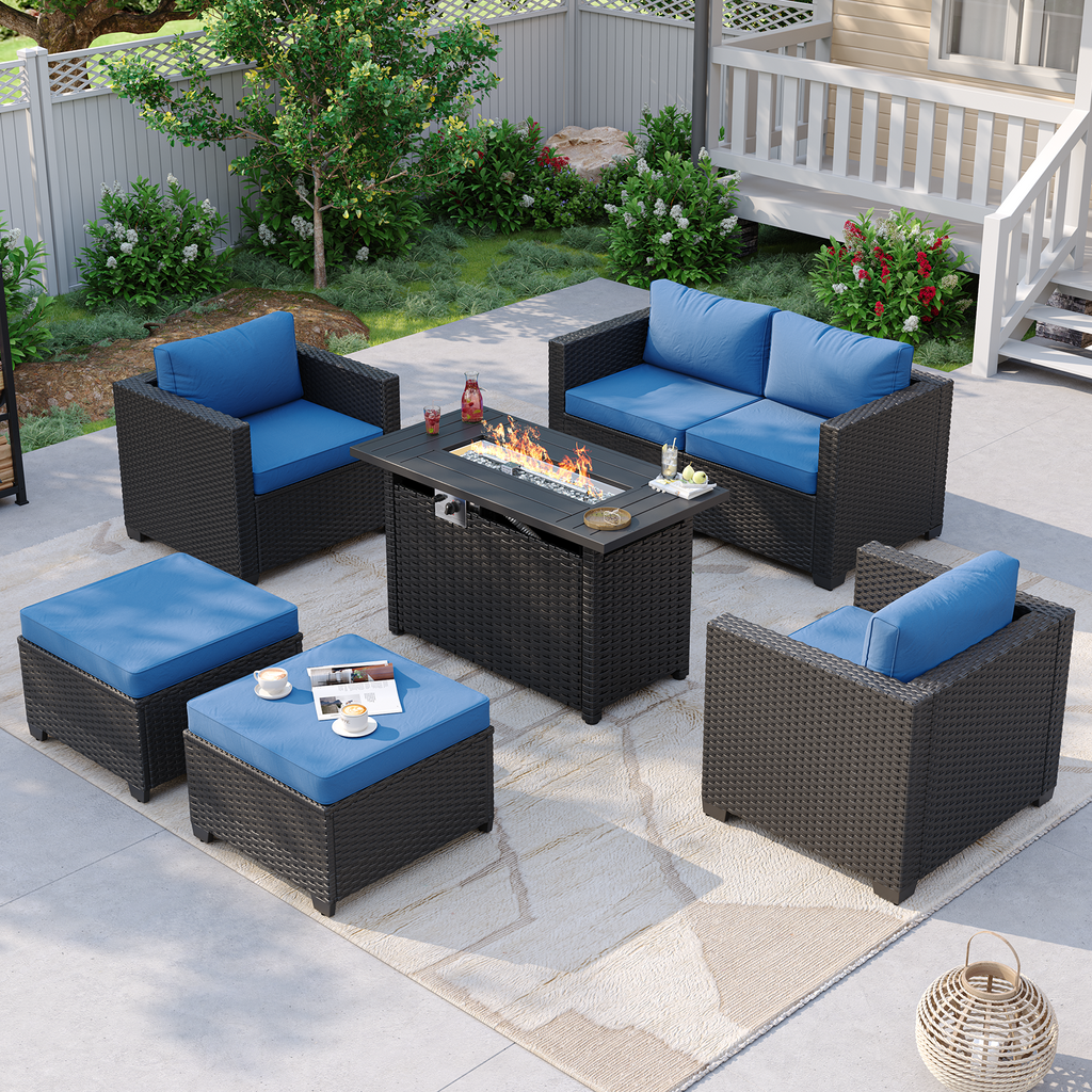 Aoxun Patio Furniture Set with Fire Pit Table, 6 Seats Outdoor Furniture Set with Wicker Ottomans, Rattan Outdoor Sectional Sofa with Thickened Cushion & Waterproof Cover Navy Blue