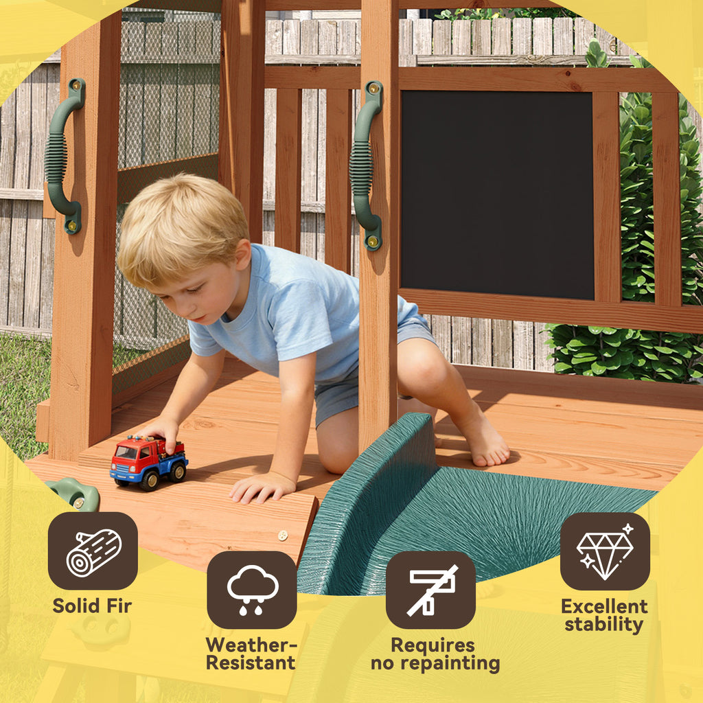 SunSwell Wooden Swing Sets for Backyard - Playground Sets for Backyards, Outdoor Playset with 6 FT Wave Slide, Play Deck, Rock Wall Ladder, 2 Belt Swings, Chalkboard, Canopy Roof, Green