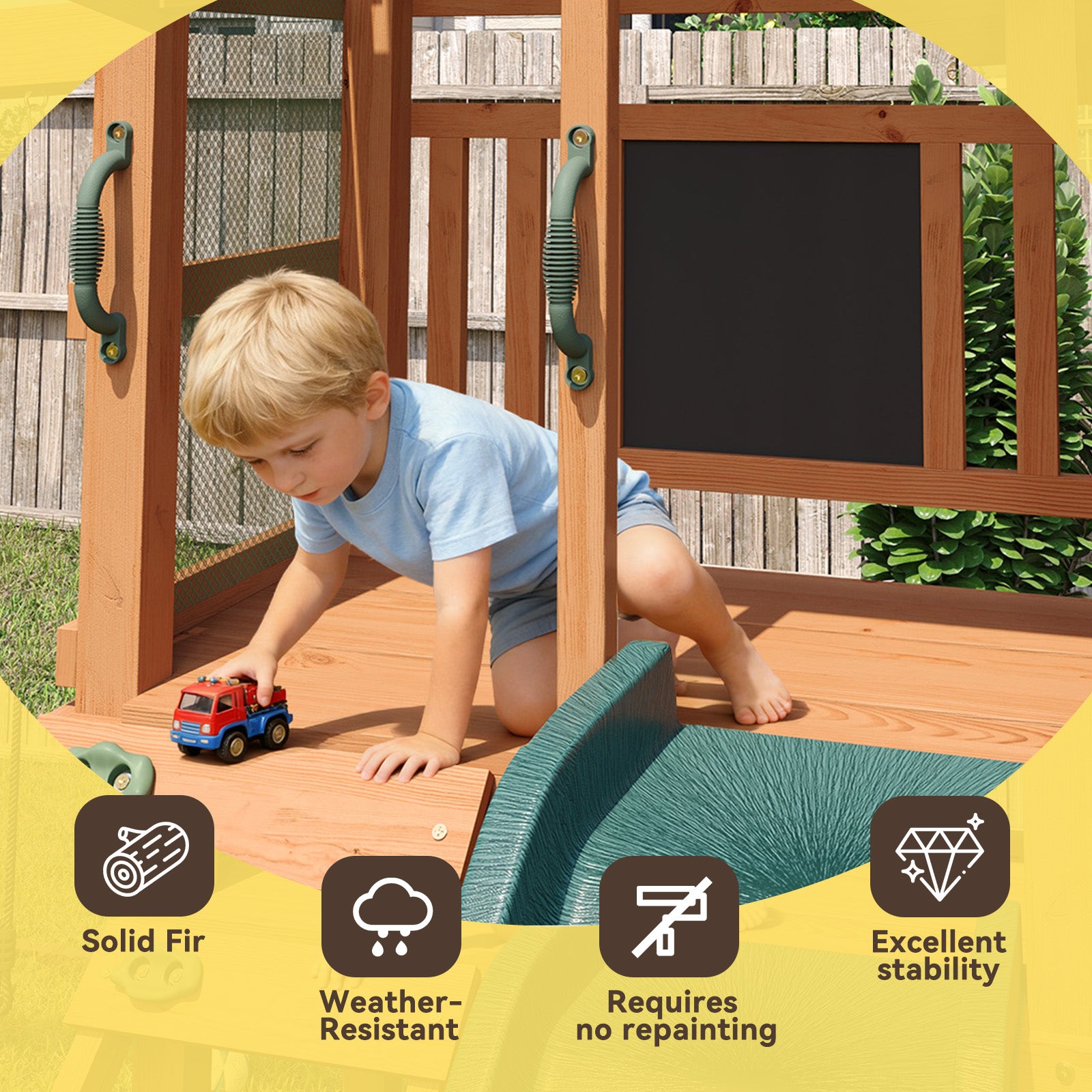 SunSwell Wooden Swing Sets for Backyard - Playground Sets for Backyards, Outdoor Playset with 6 FT Wave Slide, Play Deck, Rock Wall Ladder, 2 Belt Swings, Chalkboard, Canopy Roof, Green