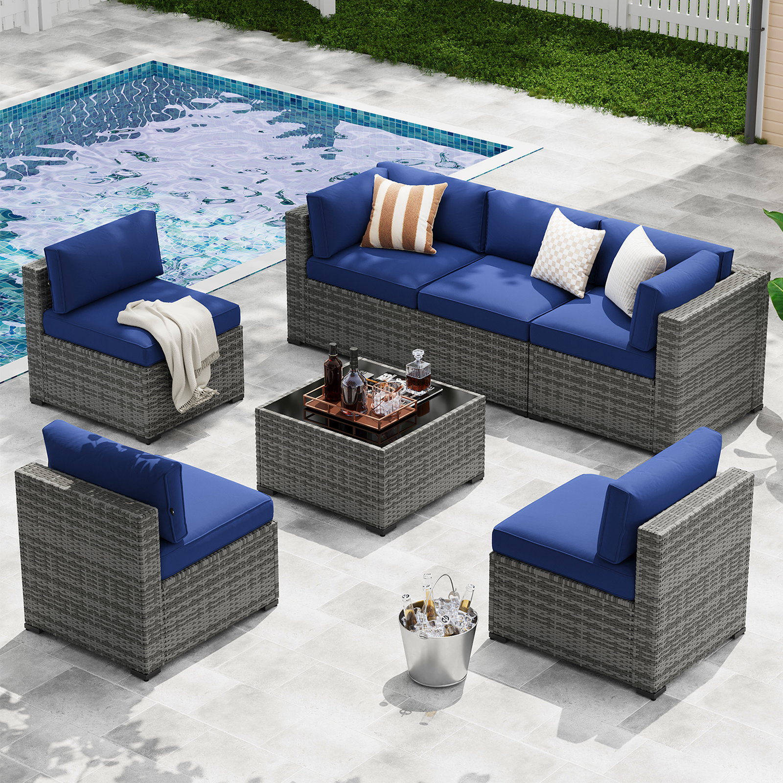 LazySunsets 7-Piece Patio Furniture Set, Wicker Rattan Outdoor Furniture with Thick Cushions, Patio Conversation Sets with Coffee Table, Outdoor Sectional Couch Sofa