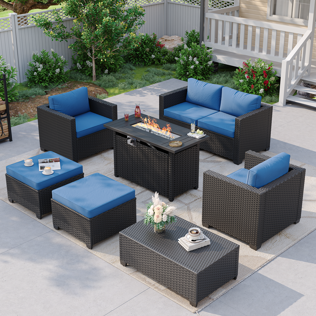 Aoxun Patio Furniture Set with Fire Pit Table, 6 Seats Outdoor Furniture Set with Wicker Ottomans, Rattan Outdoor Sectional Sofa with Thickened Cushion & Waterproof Cover Navy Blue