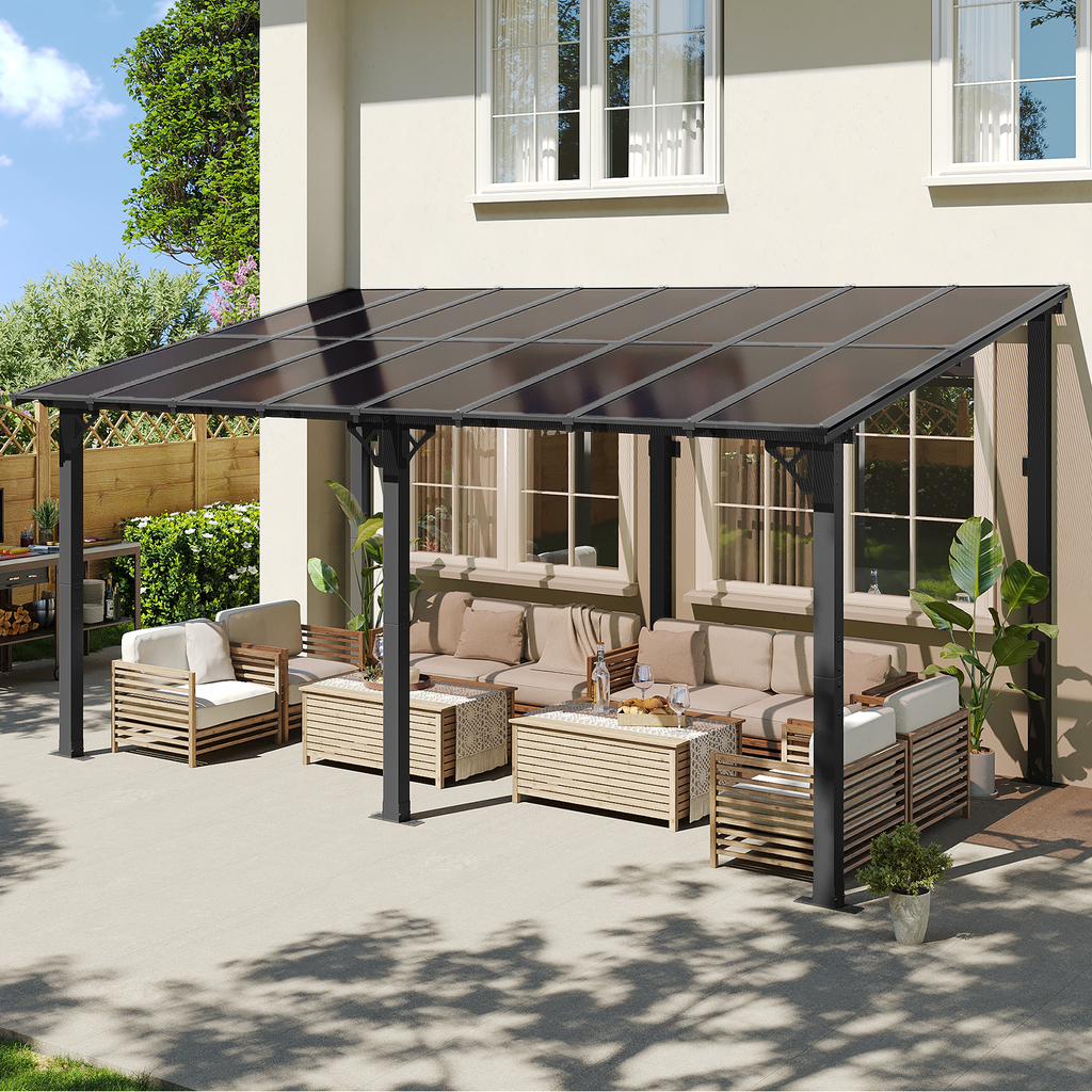Binplax 16x10 Lean to Gazebo with Polycarbonate Panel Wall Mounted Gazebo with Aluminum Top Frame Awing for Patio, Deck, Garden