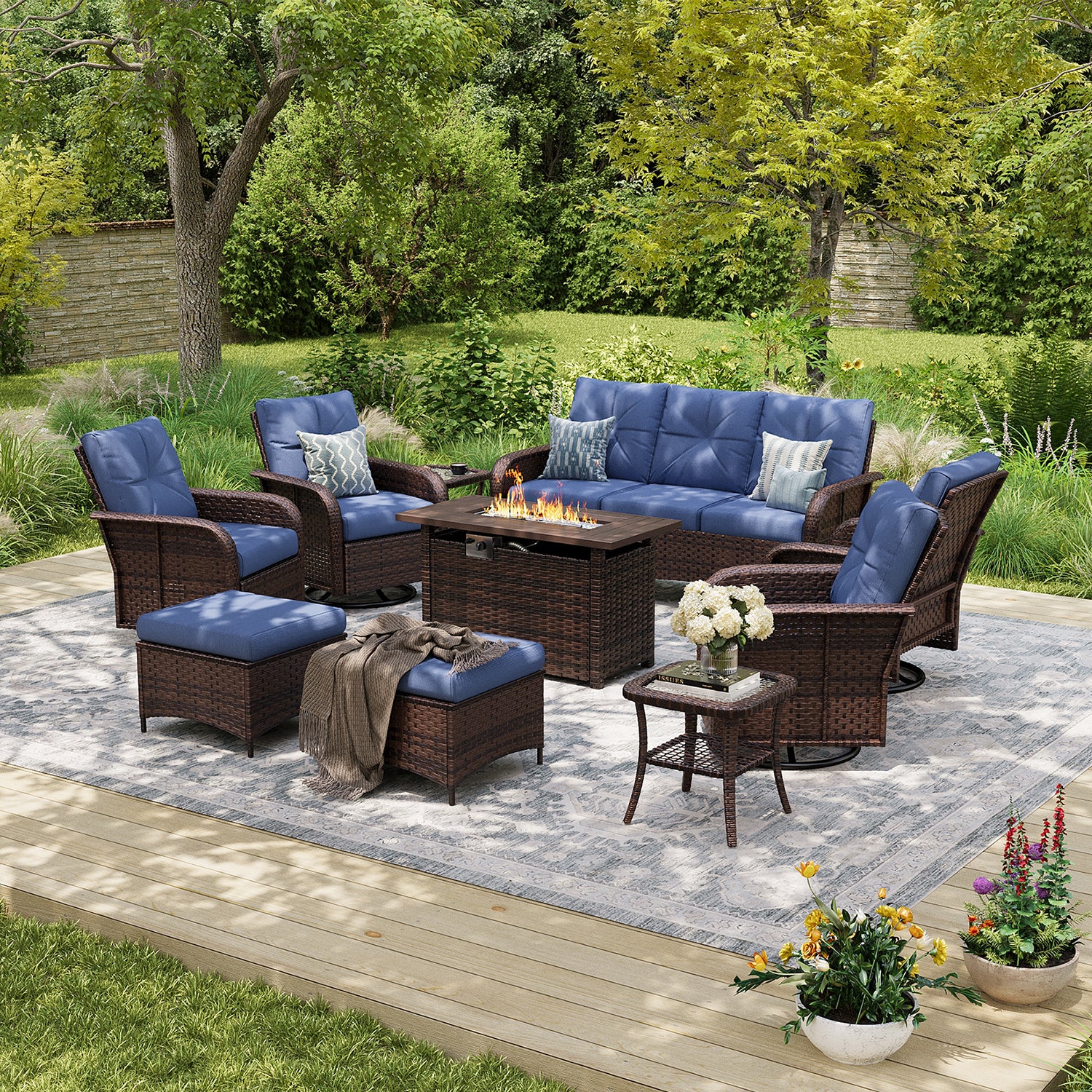 Aoxun Luxury 12-Piece Patio Furniture Set with 44'' Fire Pit Table, 360° Swivel Chairs, Wicker Rattan Sofa & Thick Cushions, Outdoor Conversation Set for Backyard, Poolside & Garden, Beige/Gray