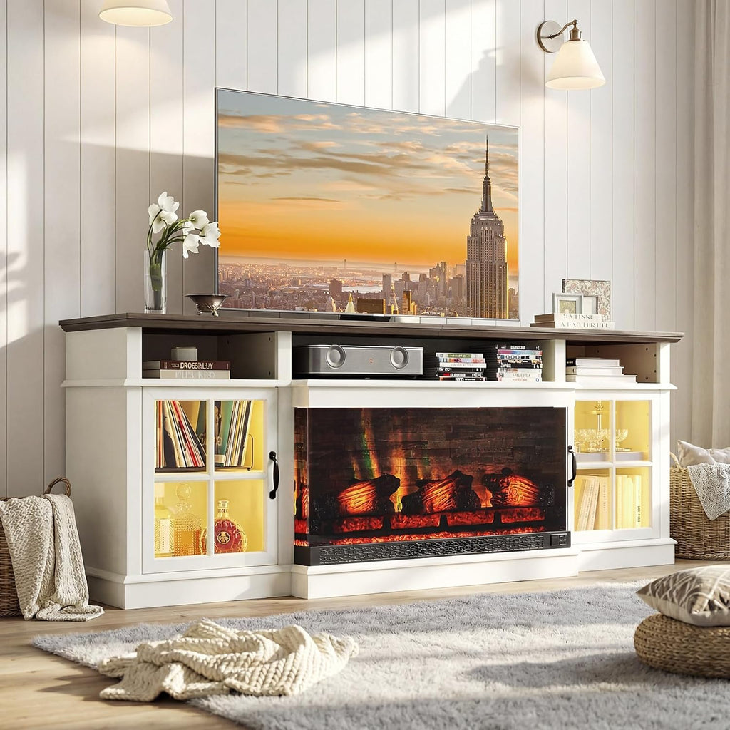 Breezestival 70" Fireplace TV Stand, Farmhouse TV Stand for TVs up to 80” with LED Lights, Media Entertainment Center with Glass Door for Living Room, White