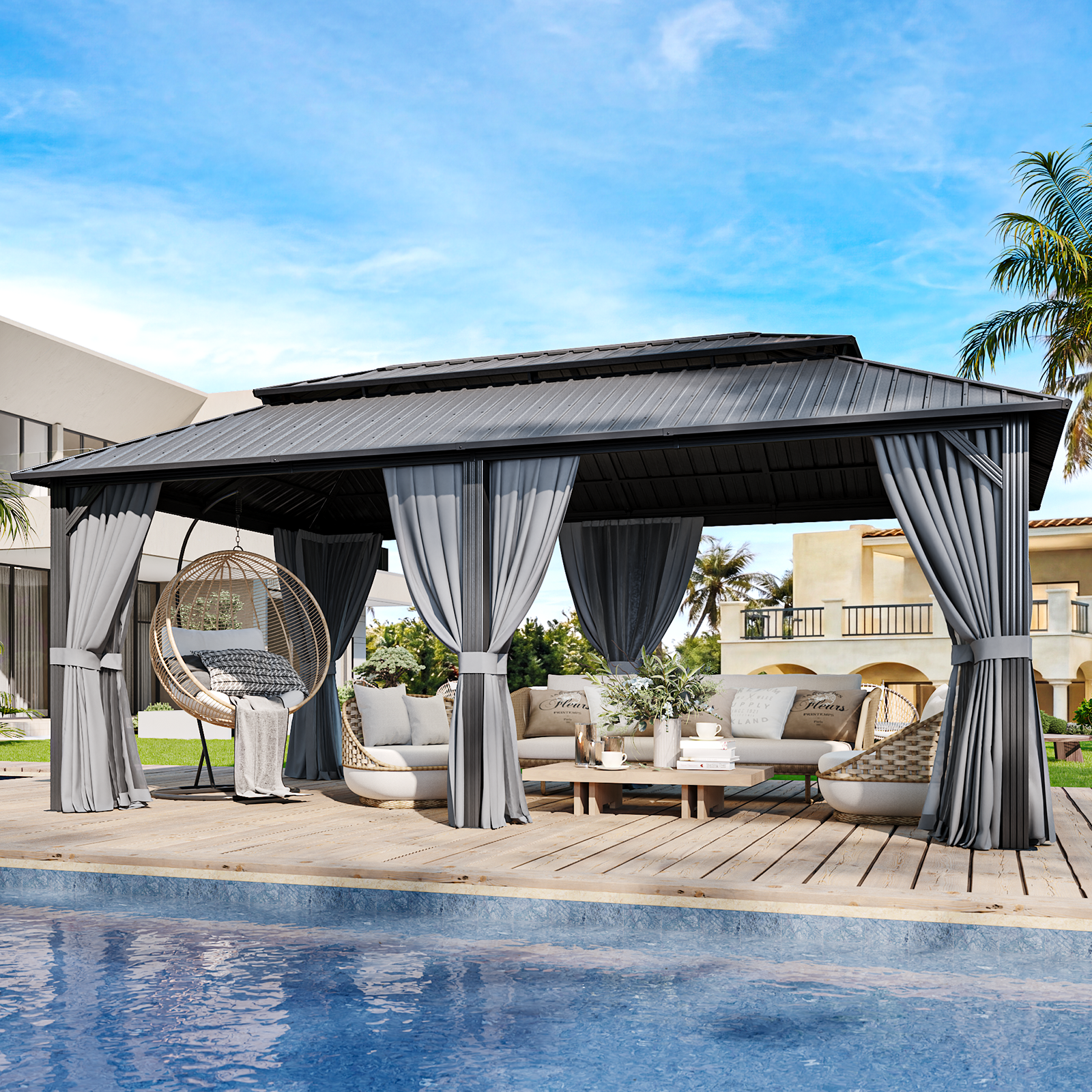 LET'S PATIO 10'x14' Hardtop Gazebo, Metal Outdoor Gazebo with Double Galvanized Steel Roof, Permanent Patio Pavilion with Breathable Netting and Privacy Curtain for Backyard, Lawn and Deck