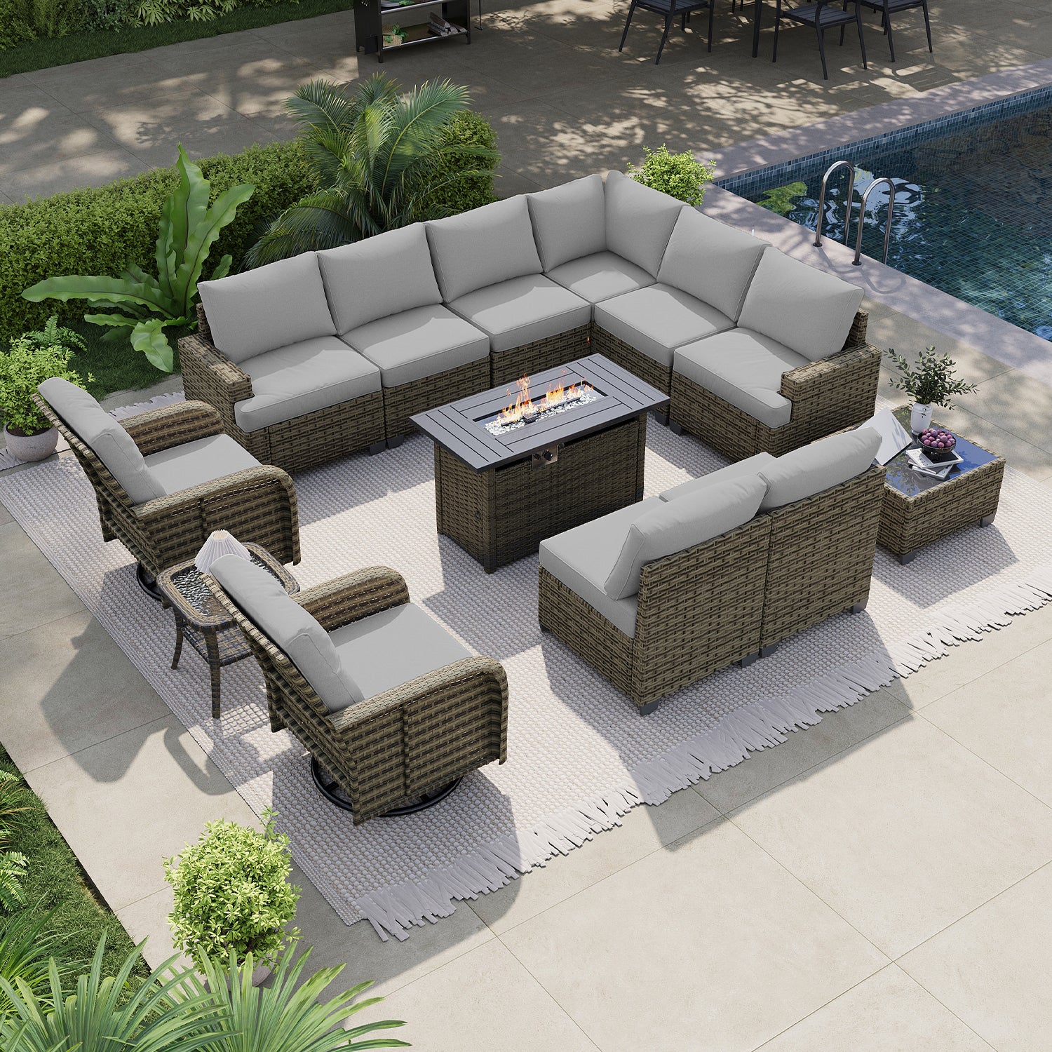 LET'S PATIO Luxury Patio Furniture Set with Fire Pit Table，13 Piece Outdoor Furniture Sectional Set with Swivel Rocker Chairs of 2，All-Weather Patio Sectional Sofas with Thickened Cushions, Beige