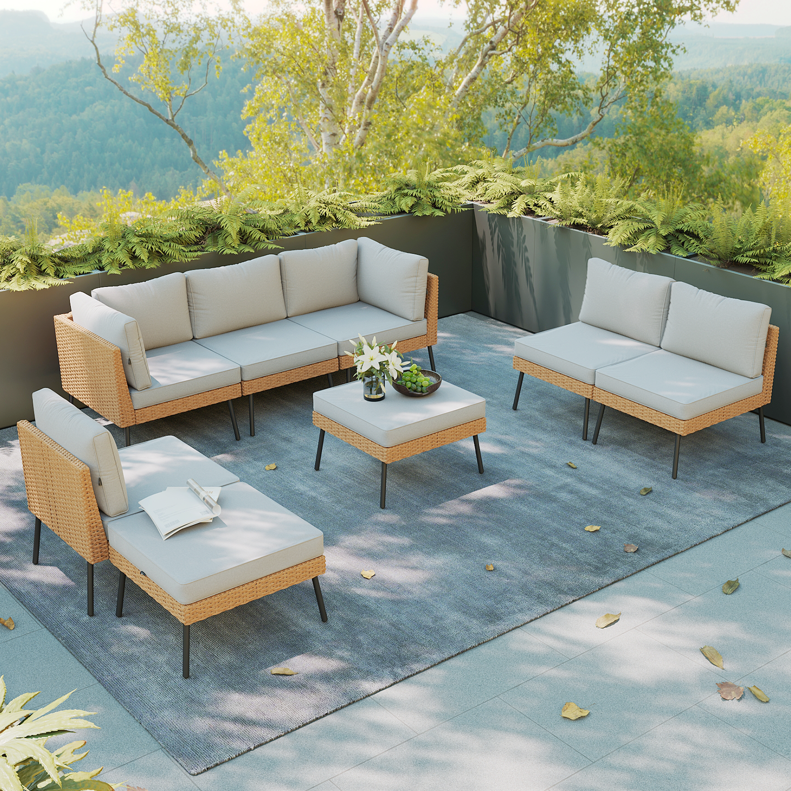 Aoxun 8 Piece Patio Furniture Set, 8 Seats Outdoor Sectional Sofas with Thick Cushion, Wicker Outdoor Patio Furniture Set with Ottomans for Party, Garden, Backyard