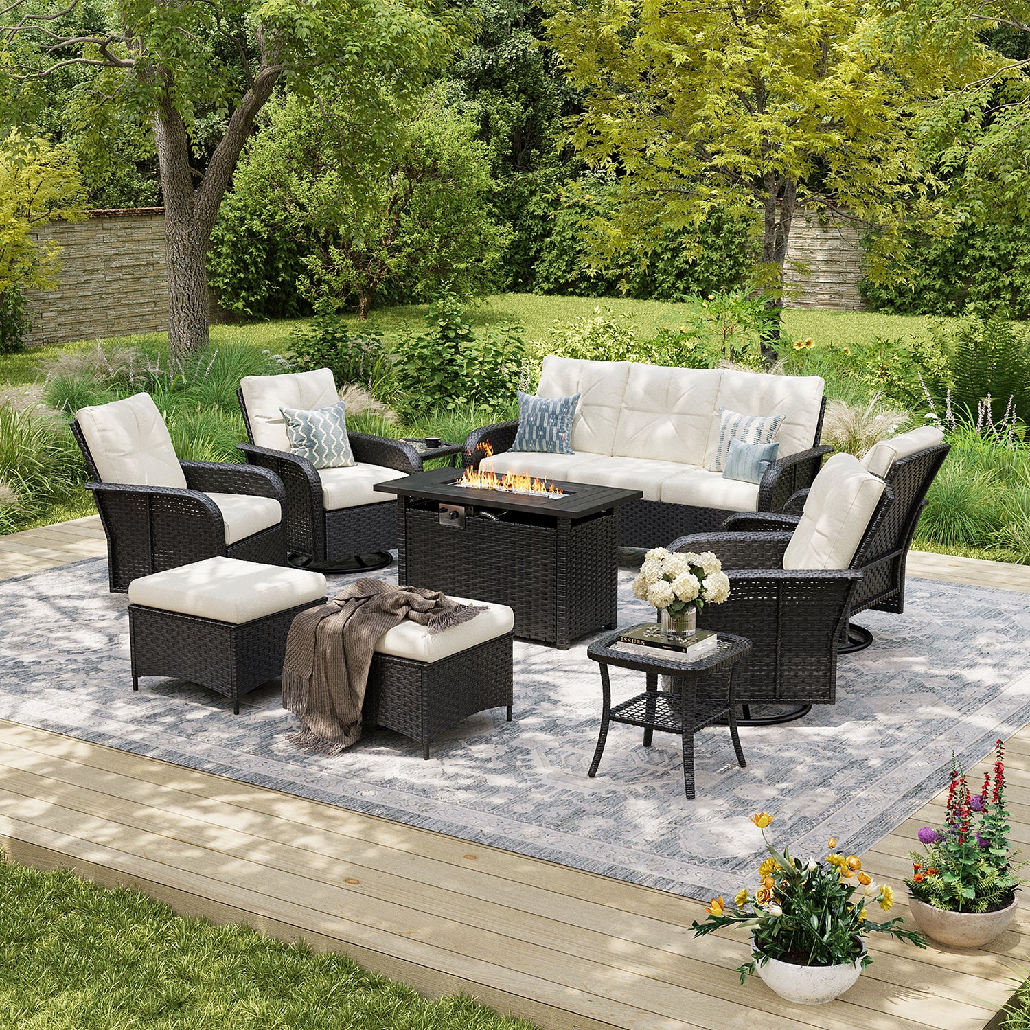 Aoxun Luxury 12-Piece Patio Furniture Set with 44'' Fire Pit Table, 360° Swivel Chairs, Wicker Rattan Sofa & Thick Cushions, Outdoor Conversation Set for Backyard, Poolside & Garden, Beige/Gray