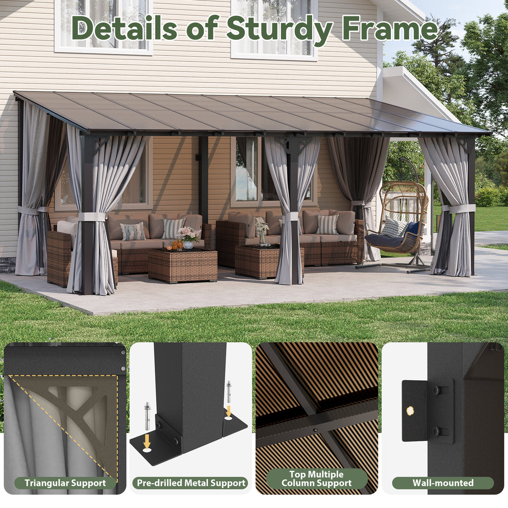 Aoxun 10'x20' Lean to Gazebo with Mosquito Net and Curtains, Aluminum Frame, Polycarbonate Panel, Wall Mounted Pergola with Sloped Roof for Backyard, Porch, Deck, Gray