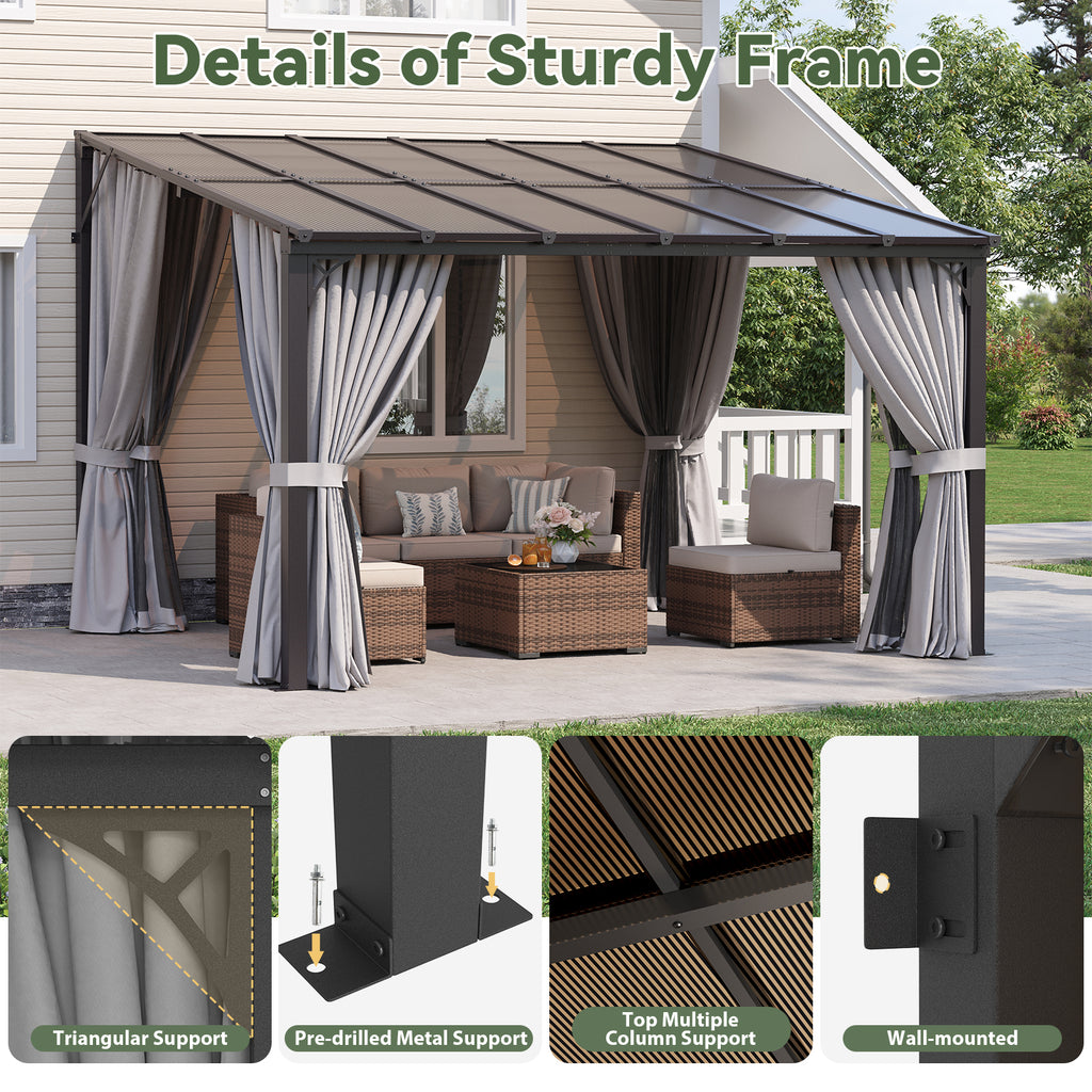 Aoxun 10'x12' Lean to Gazebo with Mosquito Net and Curtains, Aluminum Frame, Polycarbonate Panel, Wall Mounted Pergola with Sloped Roof for Backyard, Porch, Deck, Gray