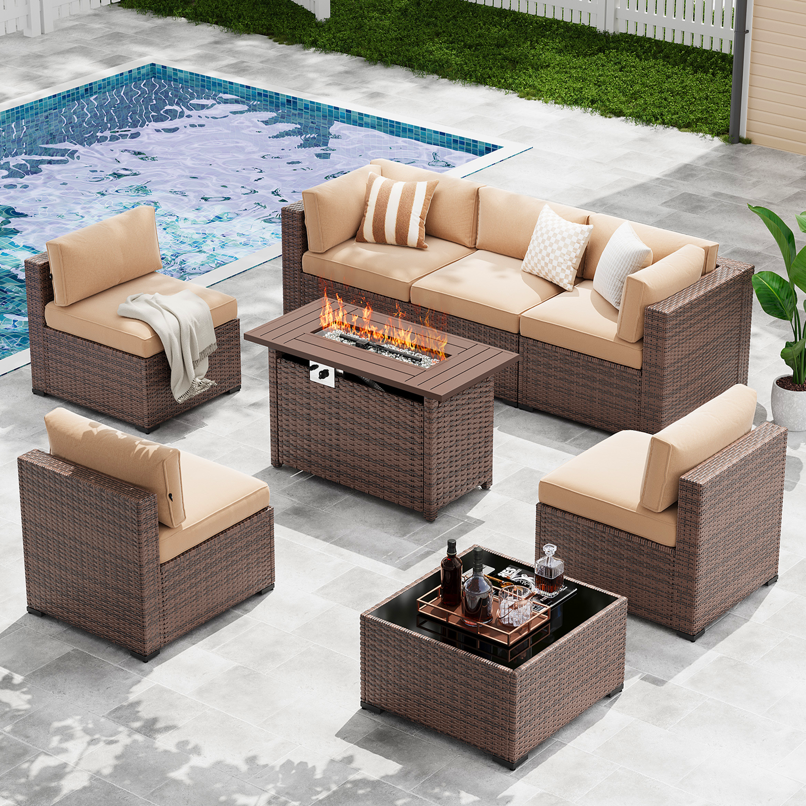 LazySunsets 7-Piece Patio Furniture Set, Wicker Rattan Outdoor Furniture with Thick Cushions, Patio Conversation Sets with Coffee Table, Outdoor Sectional Couch Sofa