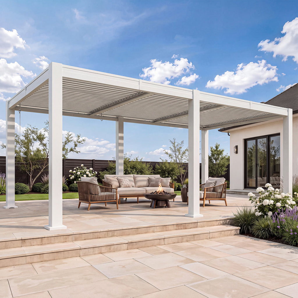 LazySunsets Louvered Pergola 10x20, Outdoor Pergola with Adjustable Louvers Outdoor Gazebo with 2 Independent Adjustable Roofs, Integrated Drainage System for Patios, Deck & Backyard, White