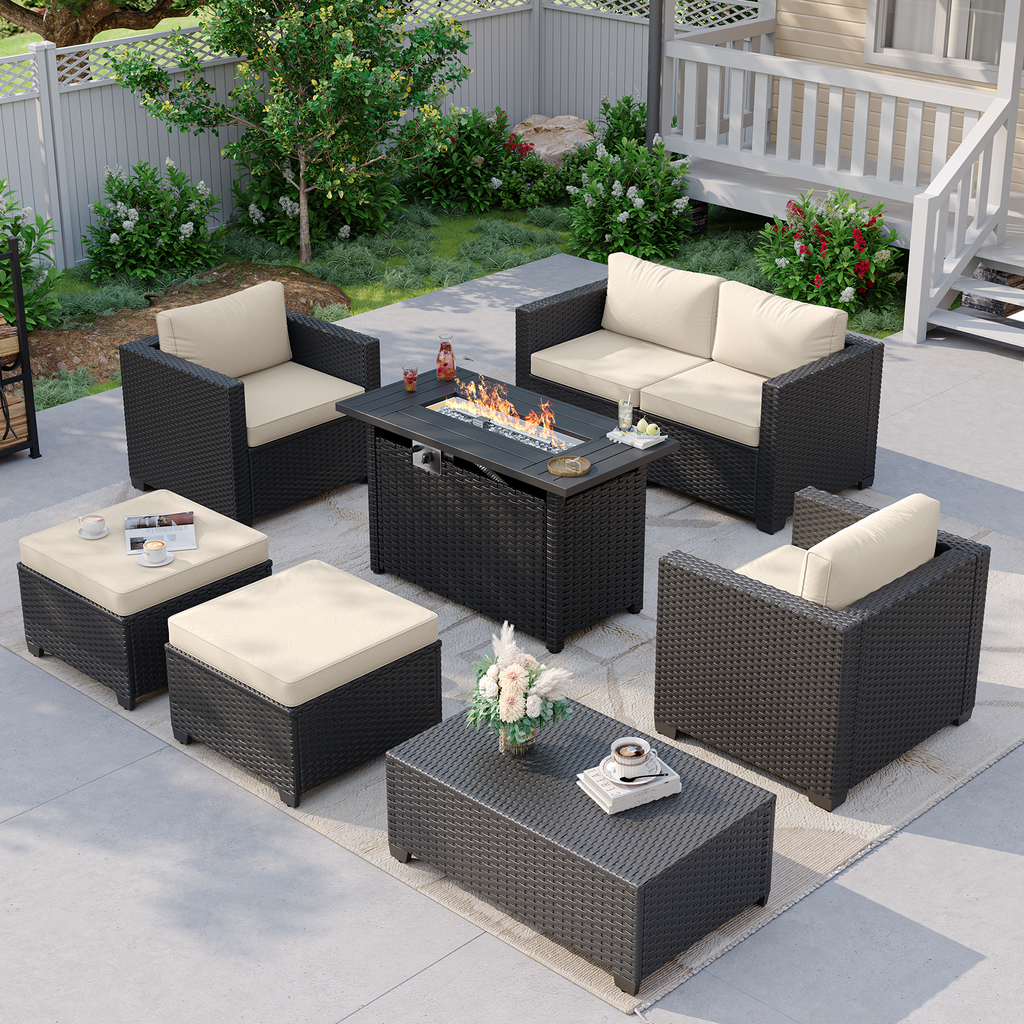 Aoxun Patio Furniture Set with Fire Pit Table, 6 Seats Outdoor Furniture Set with Wicker Ottomans, Rattan Outdoor Sectional Sofa with Thickened Cushion & Waterproof Cover Navy Blue