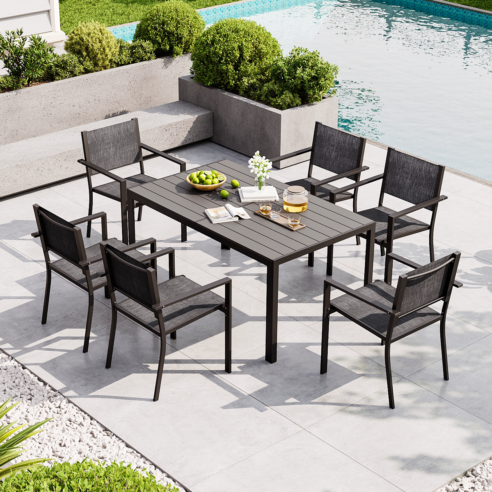 Aoxun 7-Piece Patio Table and Chairs Set for 6, All Weather Outdoor Dining Set with 6 Textilene Chairs and 1 Rectangular Metal Table, Patio Dining Sets for Backyard, Garden and Poolside