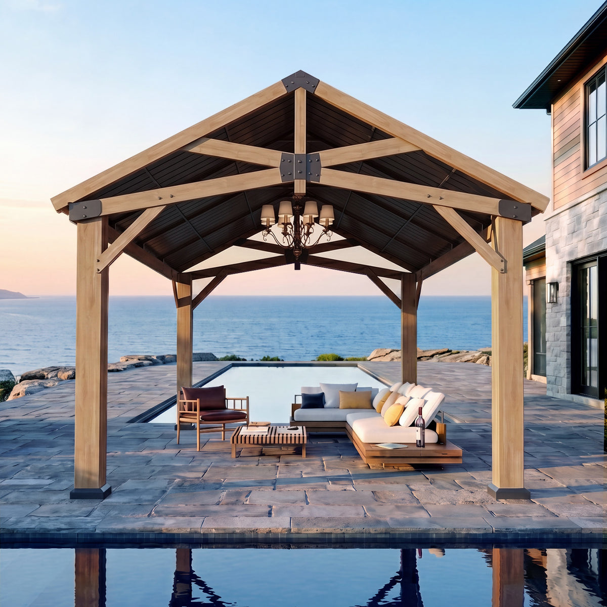 Wood Gazebo 12x16 Hardtop Gazebo with Gable Roof & Power Outlet Cedar Wood Permanent Pavilion with 4.7" Thickened Posts & Sturdy Hooks, Heavy Duty Outdoor Gazebo for Backyard, Garden, Deck