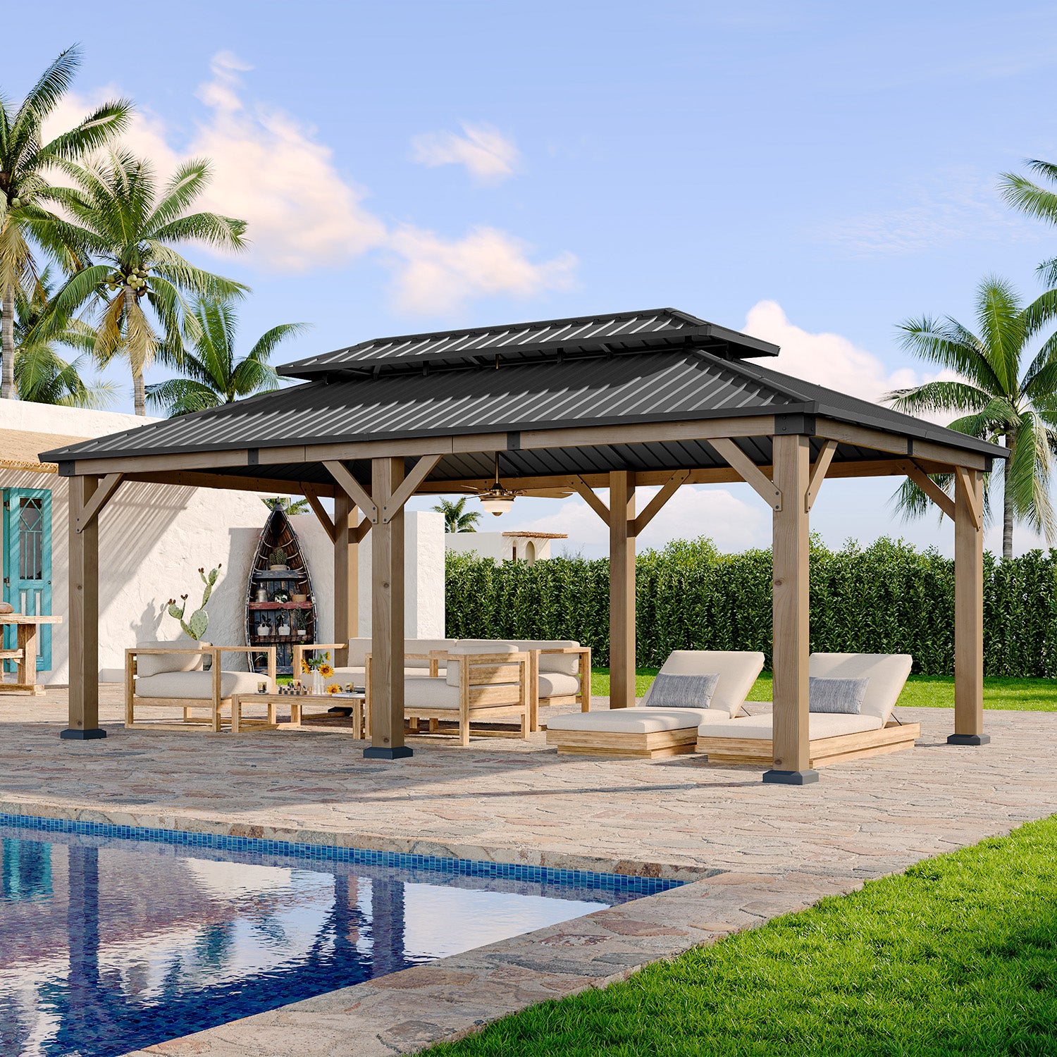 LET’S PATIO  Outdoor Double Roof Wood Gazebo, Hardtop Gazebo Permanent Wooden Pavilion with Galvanized Steel Double Top, for Patio, Garden, Deck