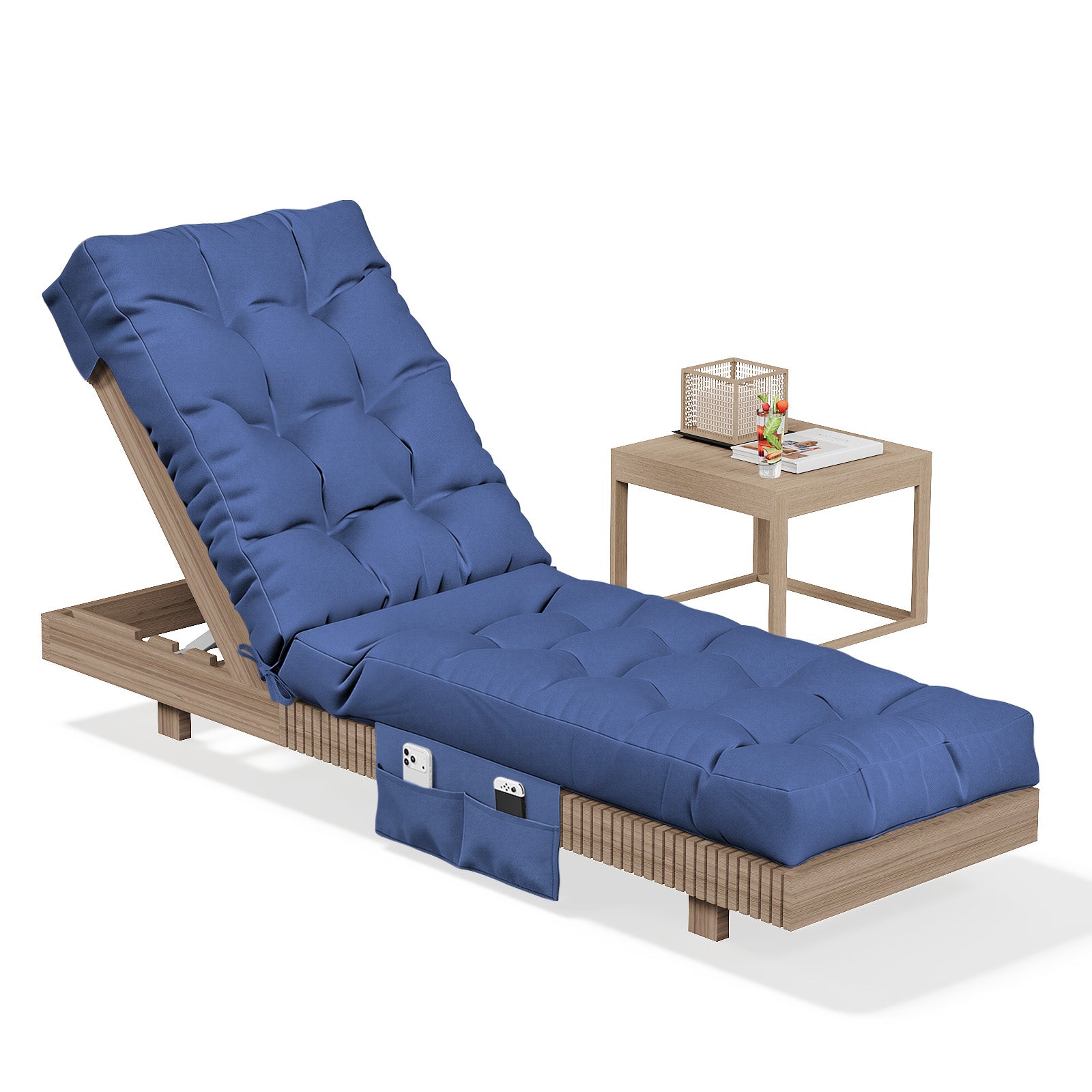Aoxun Outdoor Chaise Lounge Cushions with Storage Pocket, Waterproof Replacement Patio Lounge Chair Cushion with Ties, Thick Pool Lounger Chair Cushions for Outdoor Furniture