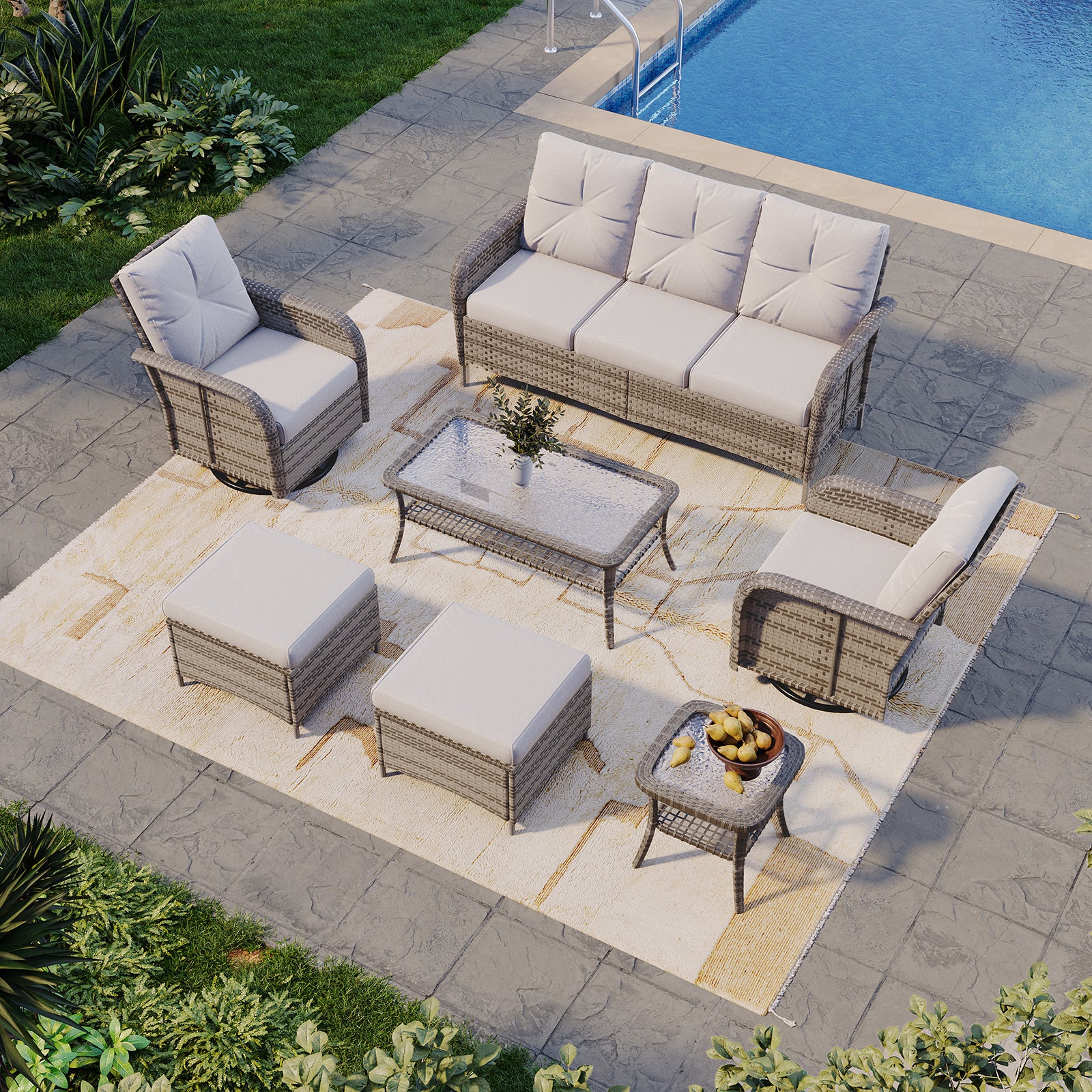 Aoxun Patio Furniture Set, Wicker Rattan Outdoor Sectional Sofa with High Back Swivel Rocker Chairs, Outdoor Patio Furniture Set