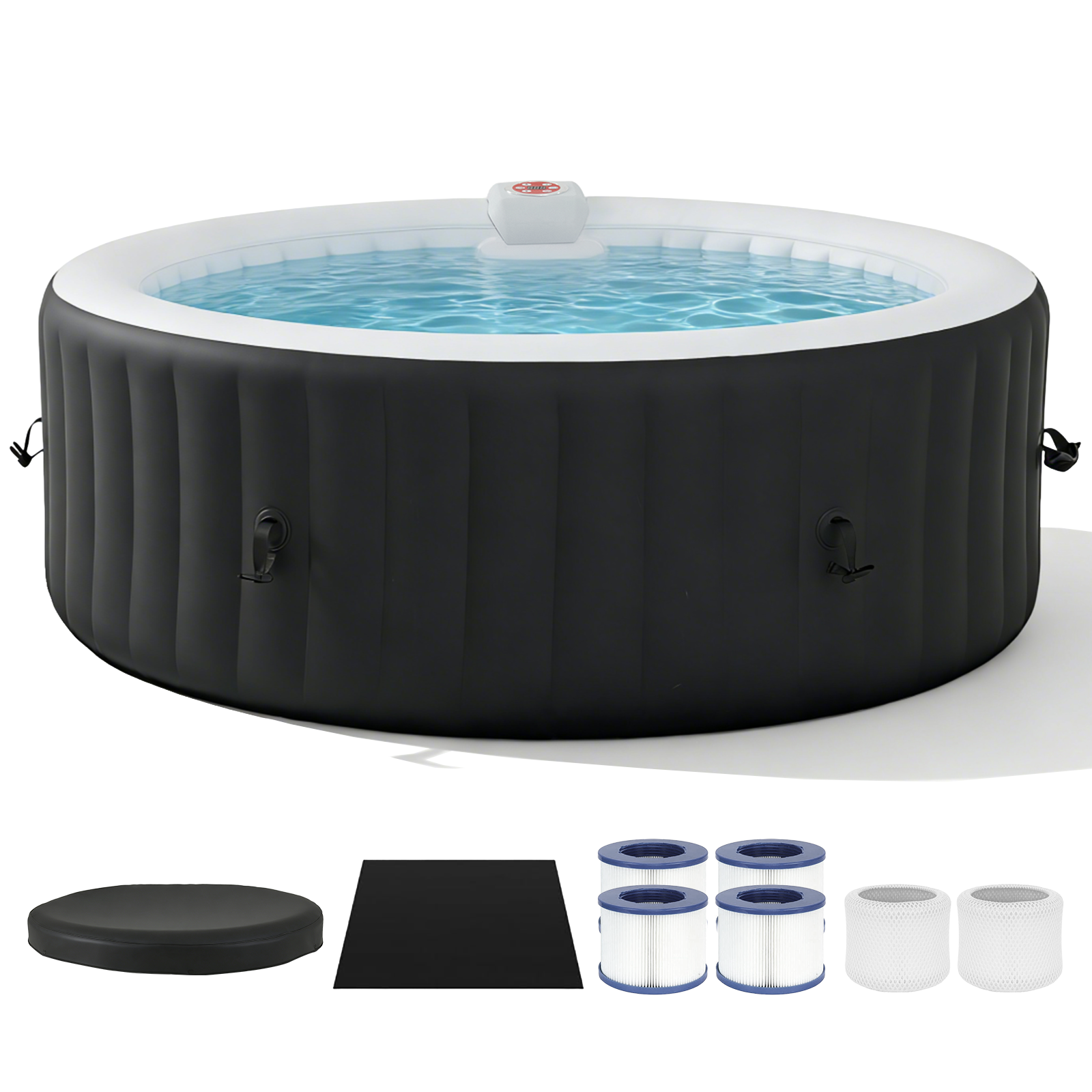 SunSwell 71" Inflatable Hot Tub, Round Portable Outdoor Spa with 120 Soothing Air Jets, Heater Pump, Insulated Cover and Filter System, Leak-Proof PVC Blow Up Hot Tub for Backyard, 4 Person, Black