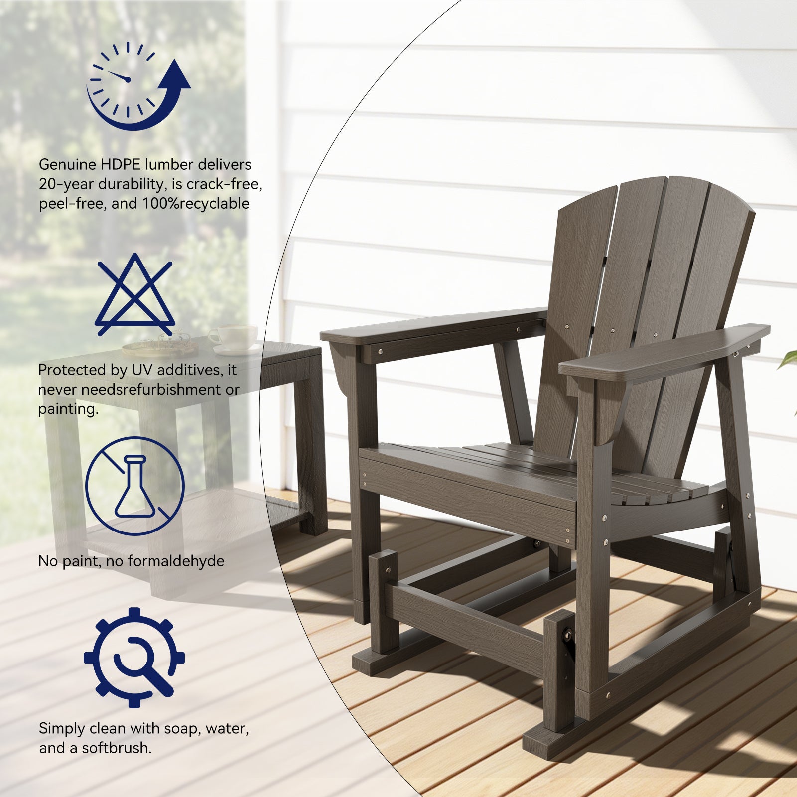 Aoxun Adirondack Outdoor Rocking Chair, HDPE Wood-Like Patio Rocking Chairs with Wide Seat, Porch Glider Chair for Outside, Garden, Lawn