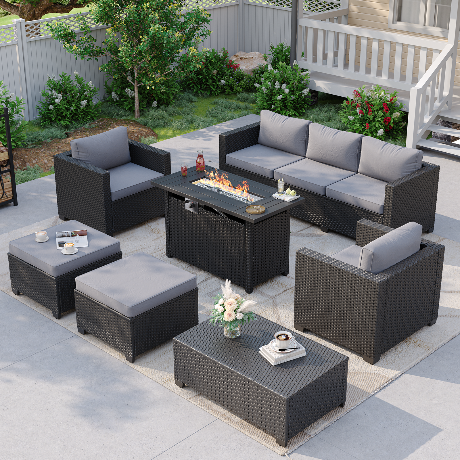Aoxun Patio Furniture Set with Fire Pit Table, 6 Seats Outdoor Furniture Set with Wicker Ottomans, Rattan Outdoor Sectional Sofa with Thickened Cushion & Waterproof Cover Navy Blue