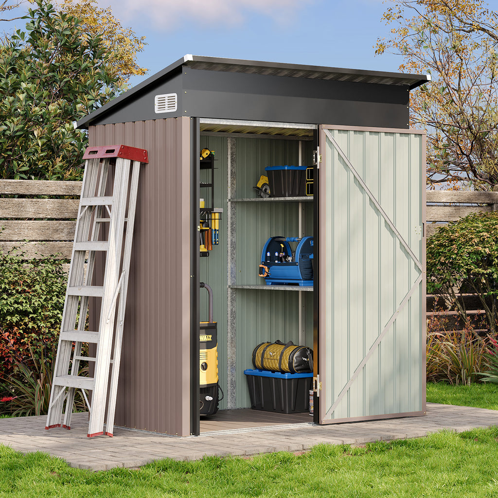 Aoxun 5x3 Ft Outdoor Storage Cabinet - Waterproof Storage Shed with Floor, Small Metal Garden Shed with Lockable Doors & Slooping Roof for Backyard, Patio, Poolside, Brown