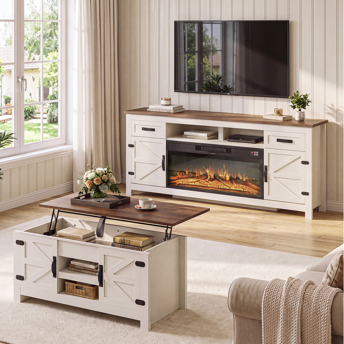 Farmhouse Living Room Table Sets of 2, 80 inch, White