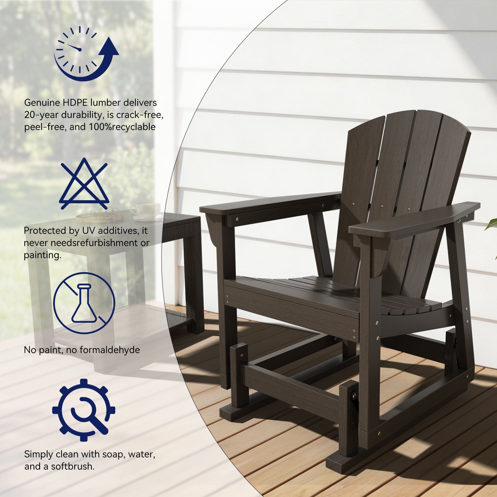 Aoxun Adirondack Outdoor Rocking Chair, HDPE Wood-Like Patio Rocking Chairs with Wide Seat, Porch Glider Chair for Outside, Garden, Lawn