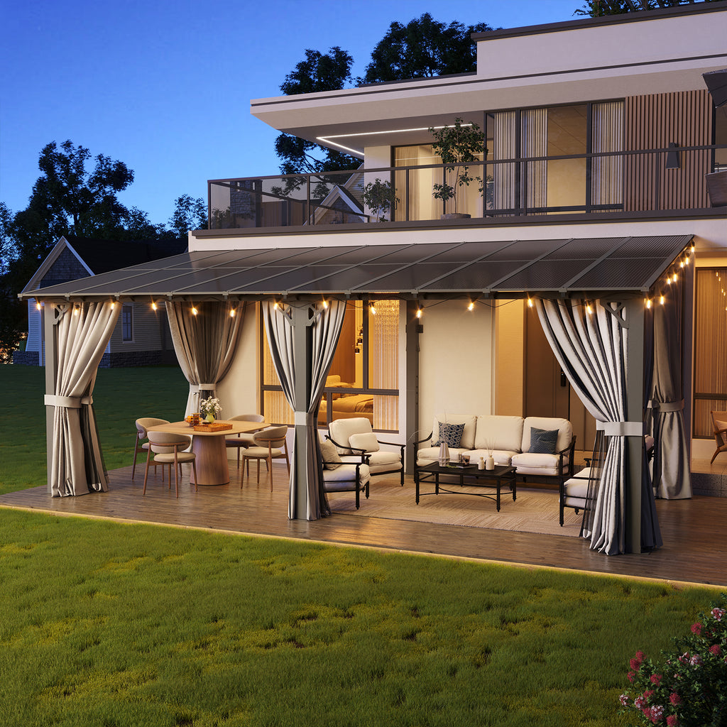 Aoxun 10'x20' Lean to Gazebo with Mosquito Net and Curtains, Aluminum Frame, Polycarbonate Panel, Wall Mounted Pergola with Sloped Roof for Backyard, Porch, Deck, Gray