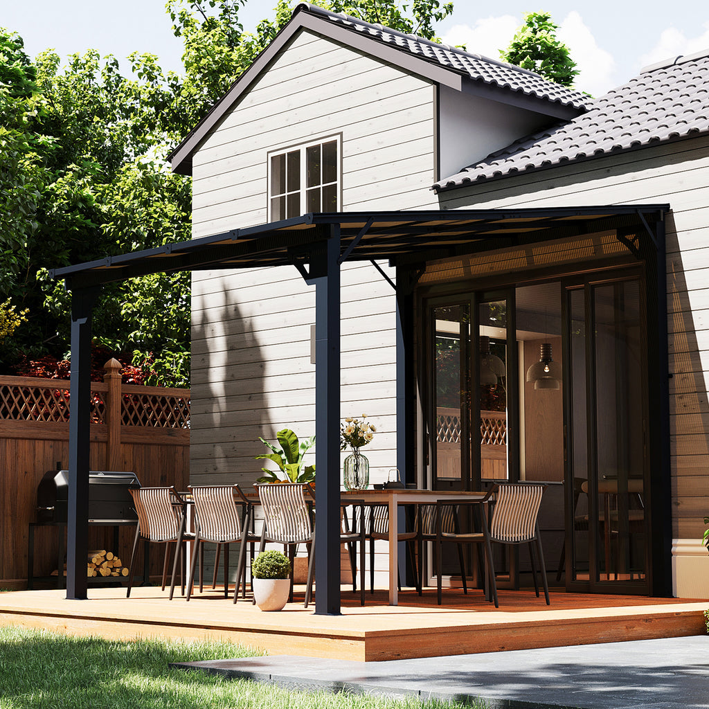 BinpLax 8x10 Lean to Gazebo with Polycarbonate Panel Wall Mounted Gazebo with Aluminum Top Frame Awing for Patio, Deck, Garden