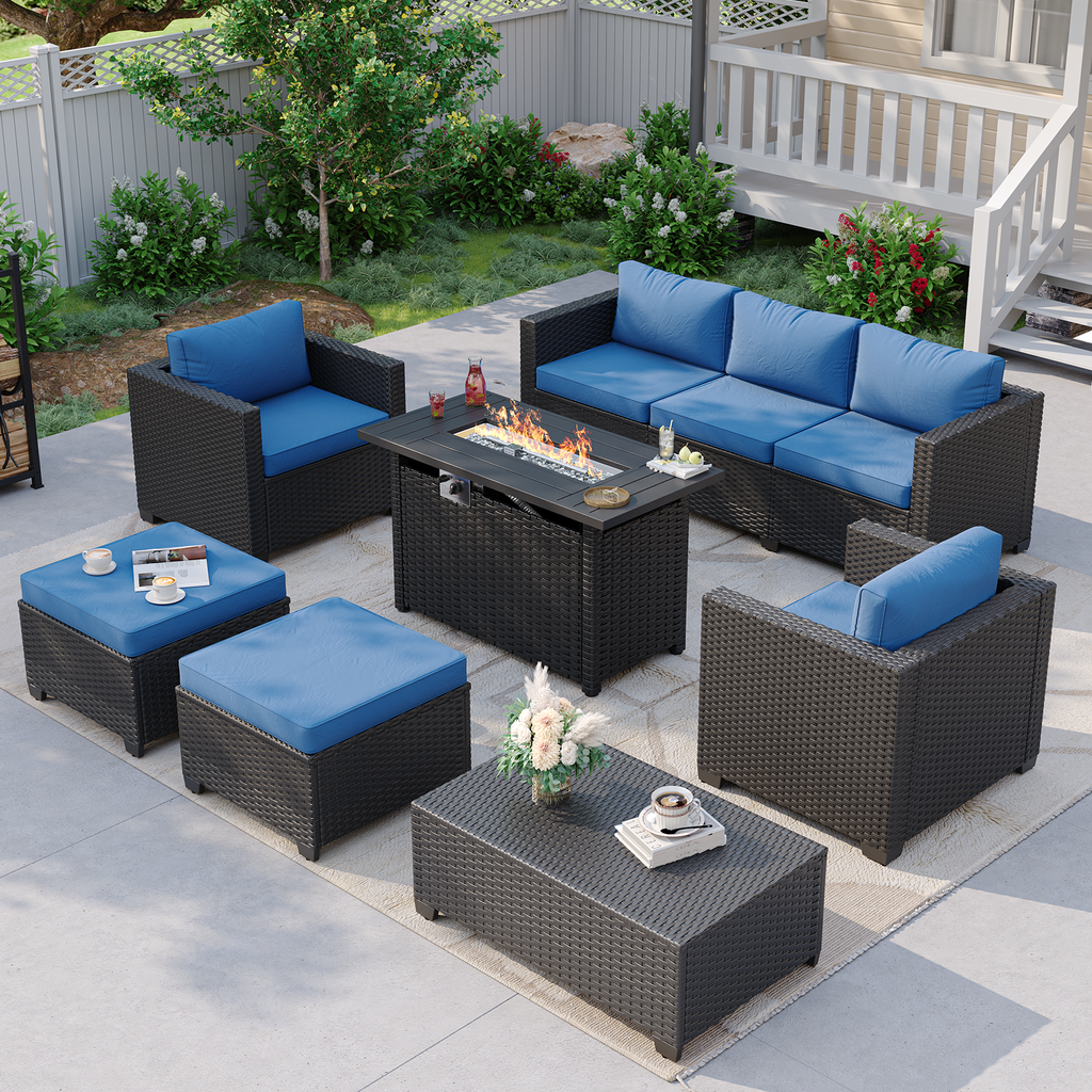 Aoxun Patio Furniture Set with Fire Pit Table, 6 Seats Outdoor Furniture Set with Wicker Ottomans, Rattan Outdoor Sectional Sofa with Thickened Cushion & Waterproof Cover Navy Blue