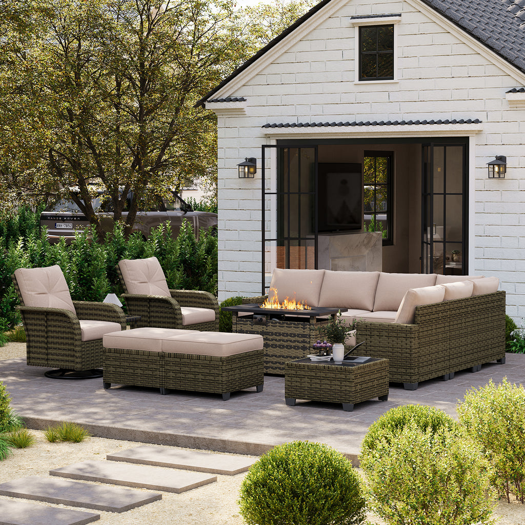 LET'S PATIO Luxury Patio Furniture Set with Fire Pit Table，13 Piece Outdoor Furniture Sectional Set with Swivel Rocker Chairs of 2，All-Weather Patio Sectional Sofas with Thickened Cushions, Beige