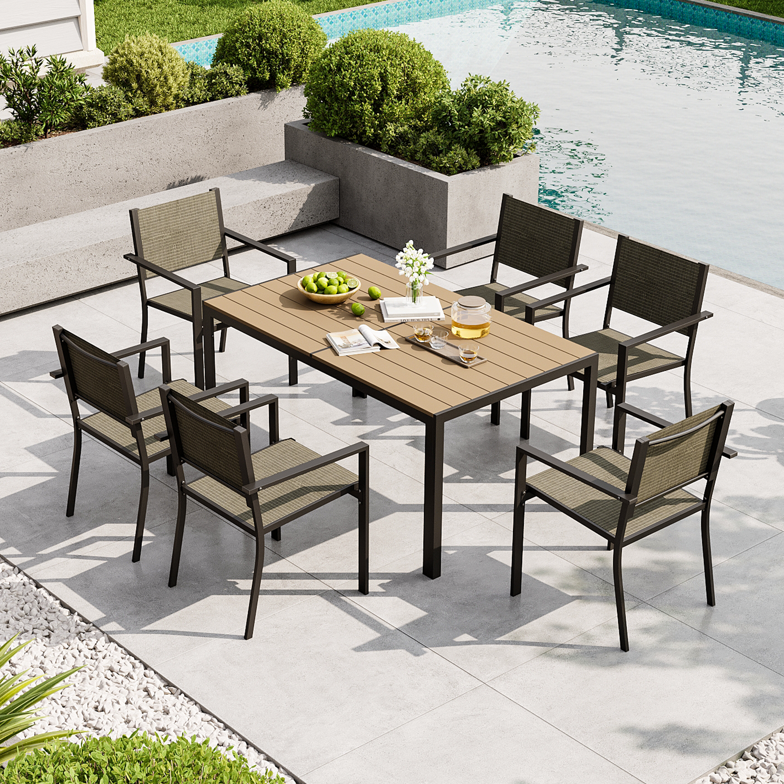 Aoxun 7-Piece Patio Table and Chairs Set for 6, All Weather Outdoor Dining Set with 6 Textilene Chairs and 1 Rectangular Metal Table, Patio Dining Sets for Backyard, Garden and Poolside