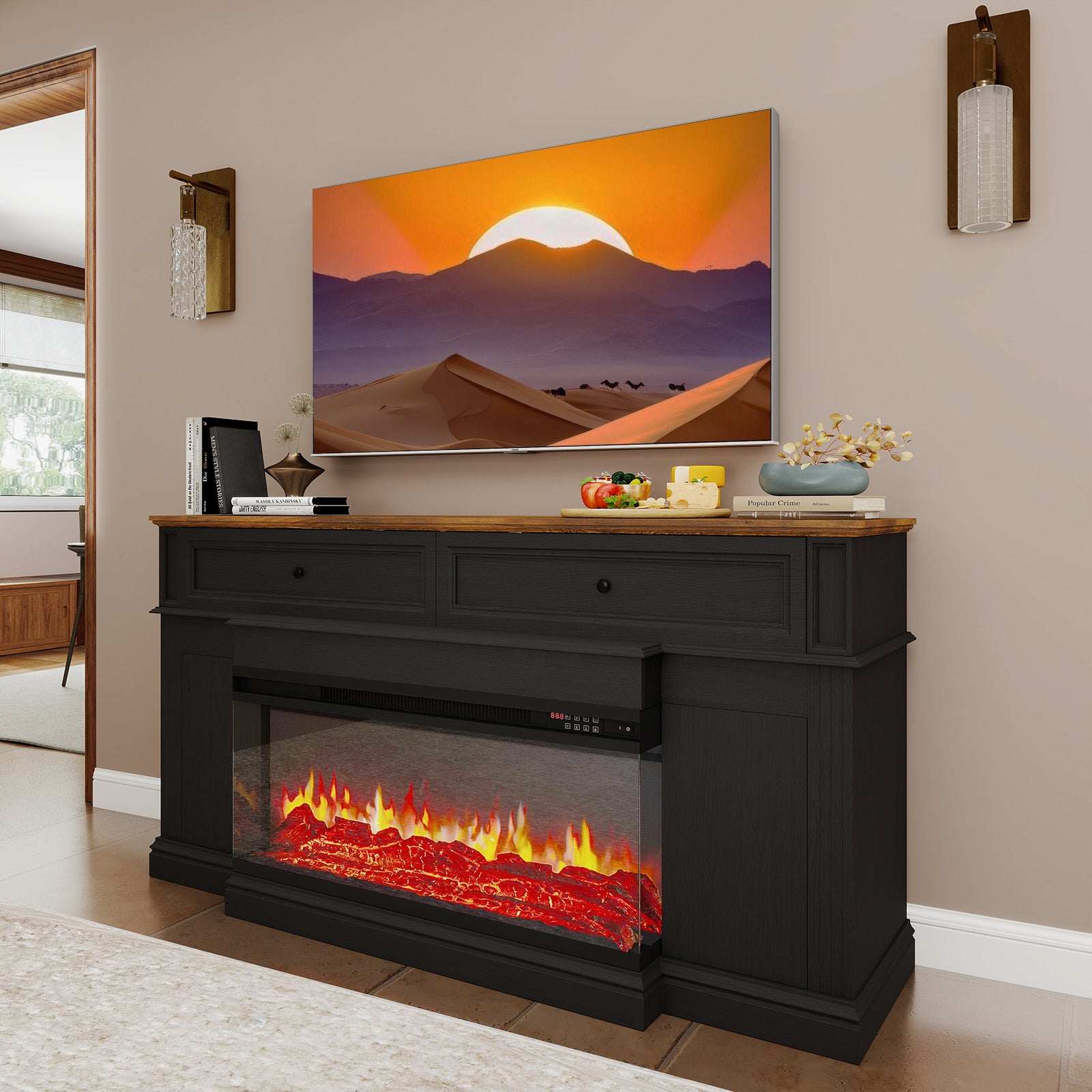 Breezestival Electric Fireplace TV Stand with 3-Sided Fireplace, 63" Entertainment Center for TVs up to 70", Modern Media Console with Large Storage, Black