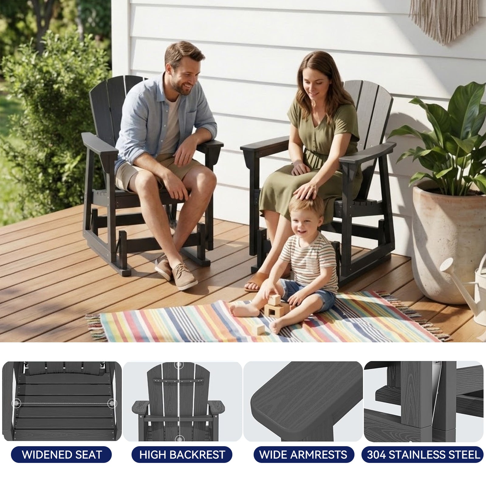 Aoxun Adirondack Outdoor Rocking Chair, HDPE Wood-Like Patio Rocking Chairs with Wide Seat, Porch Glider Chair for Outside, Garden, Lawn