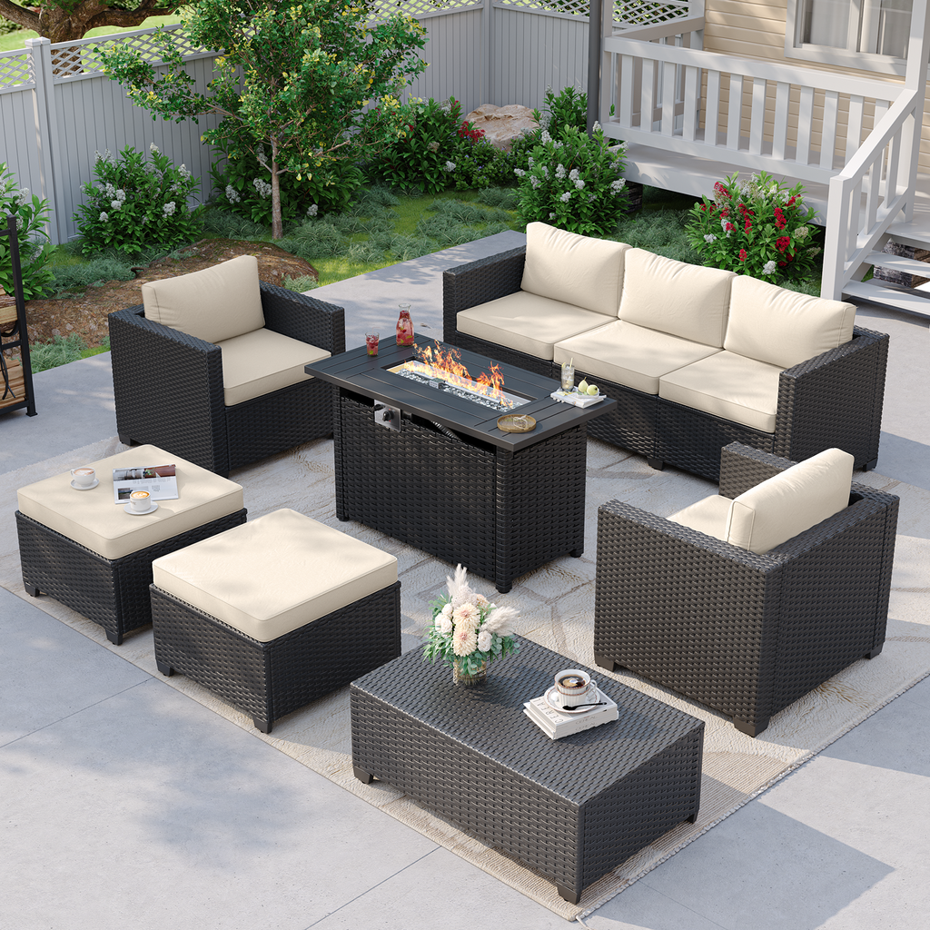 Aoxun Patio Furniture Set with Fire Pit Table, 6 Seats Outdoor Furniture Set with Wicker Ottomans, Rattan Outdoor Sectional Sofa with Thickened Cushion & Waterproof Cover Navy Blue