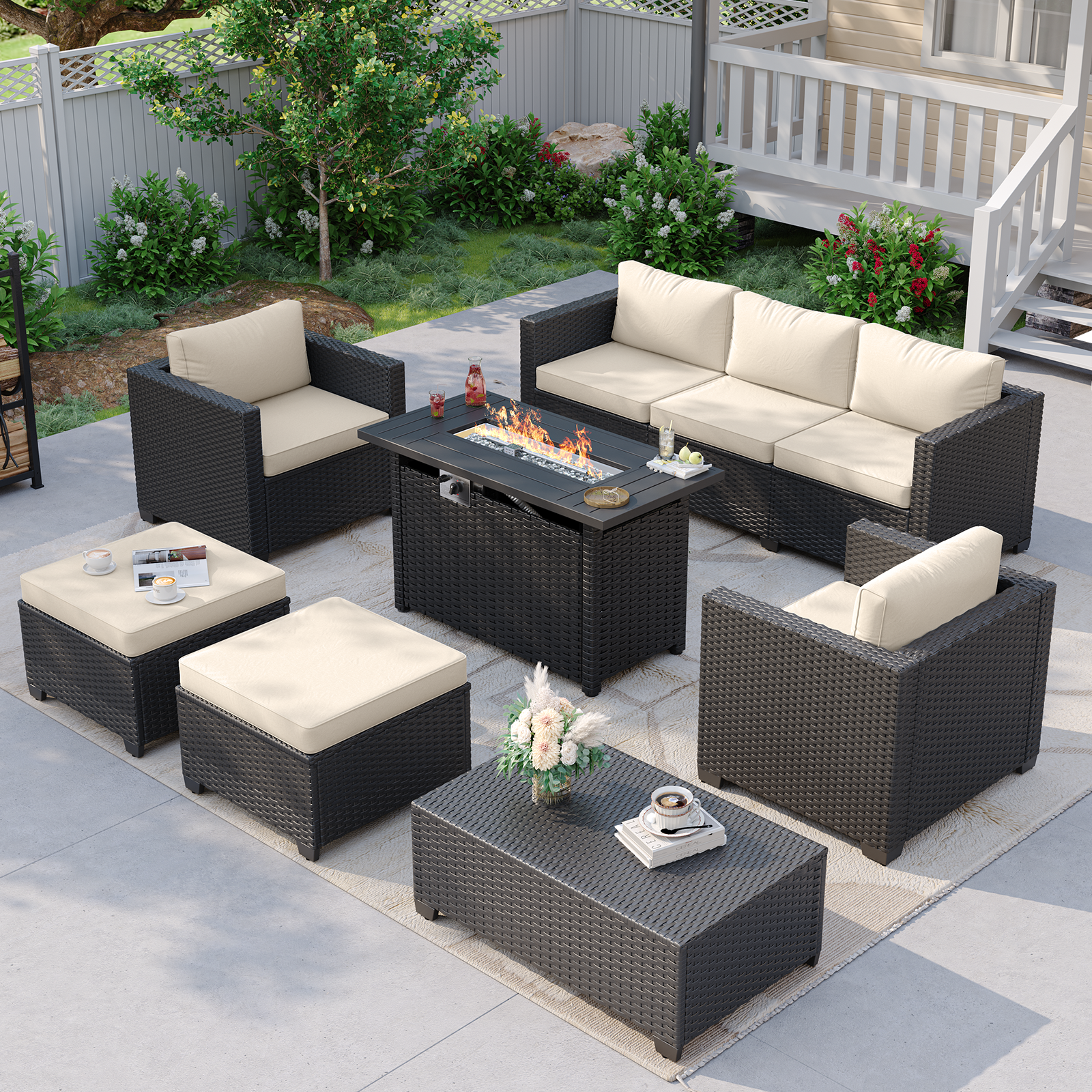Aoxun Patio Furniture Set with Fire Pit Table, 6 Seats Outdoor Furniture Set with Wicker Ottomans, Rattan Outdoor Sectional Sofa with Thickened Cushion & Waterproof Cover Navy Blue